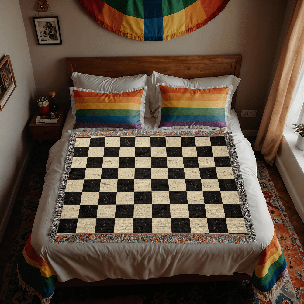 Checked Feline Woven Blanket – Gold & Black Cat Outline Throw - Decor, Blankets, Throw - EpiAl's Shop