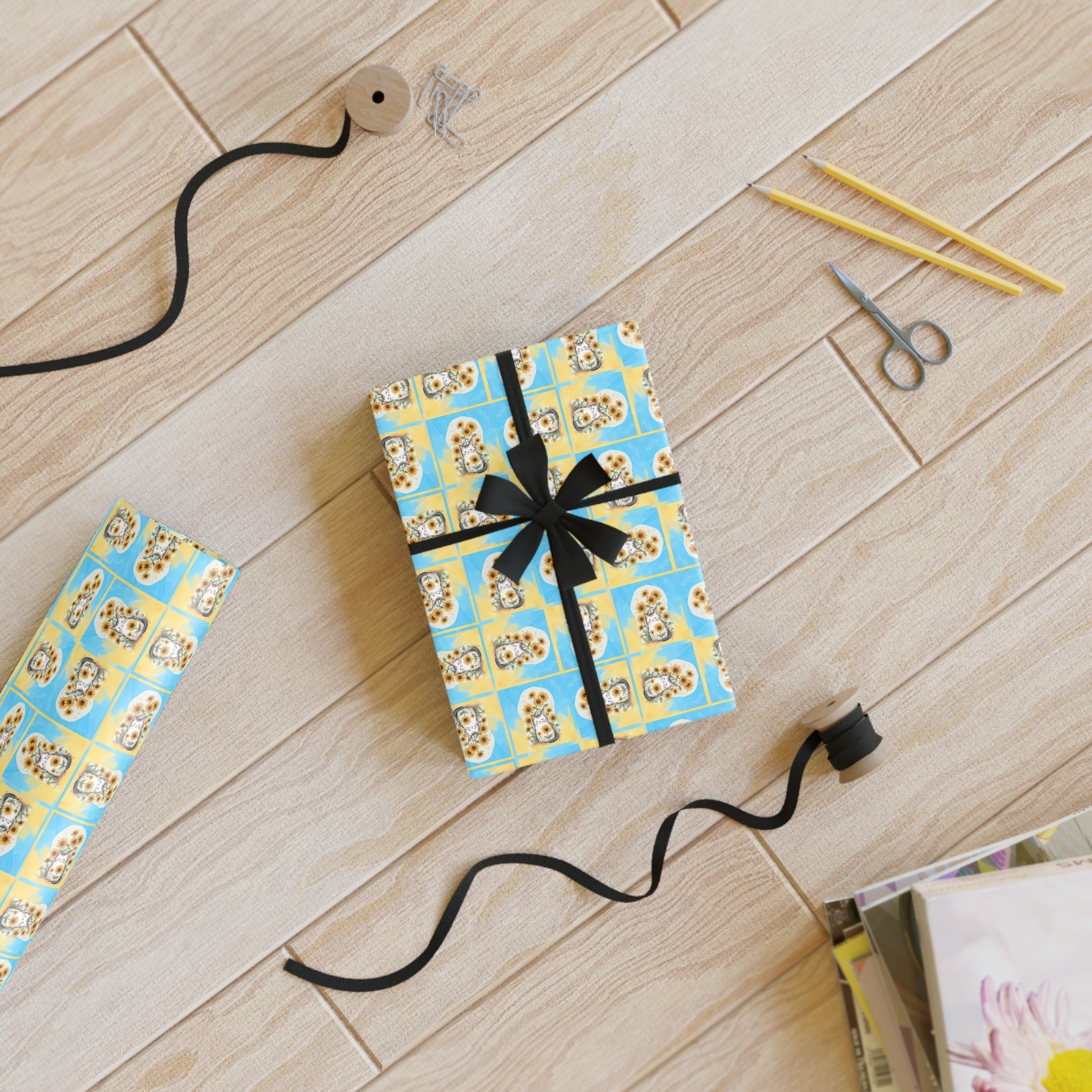 Cheerful Sunflower Kitty Gift Wrapping Paper Roll - Paper Products, Gift Wrapping Paper - EpiAl's Shop