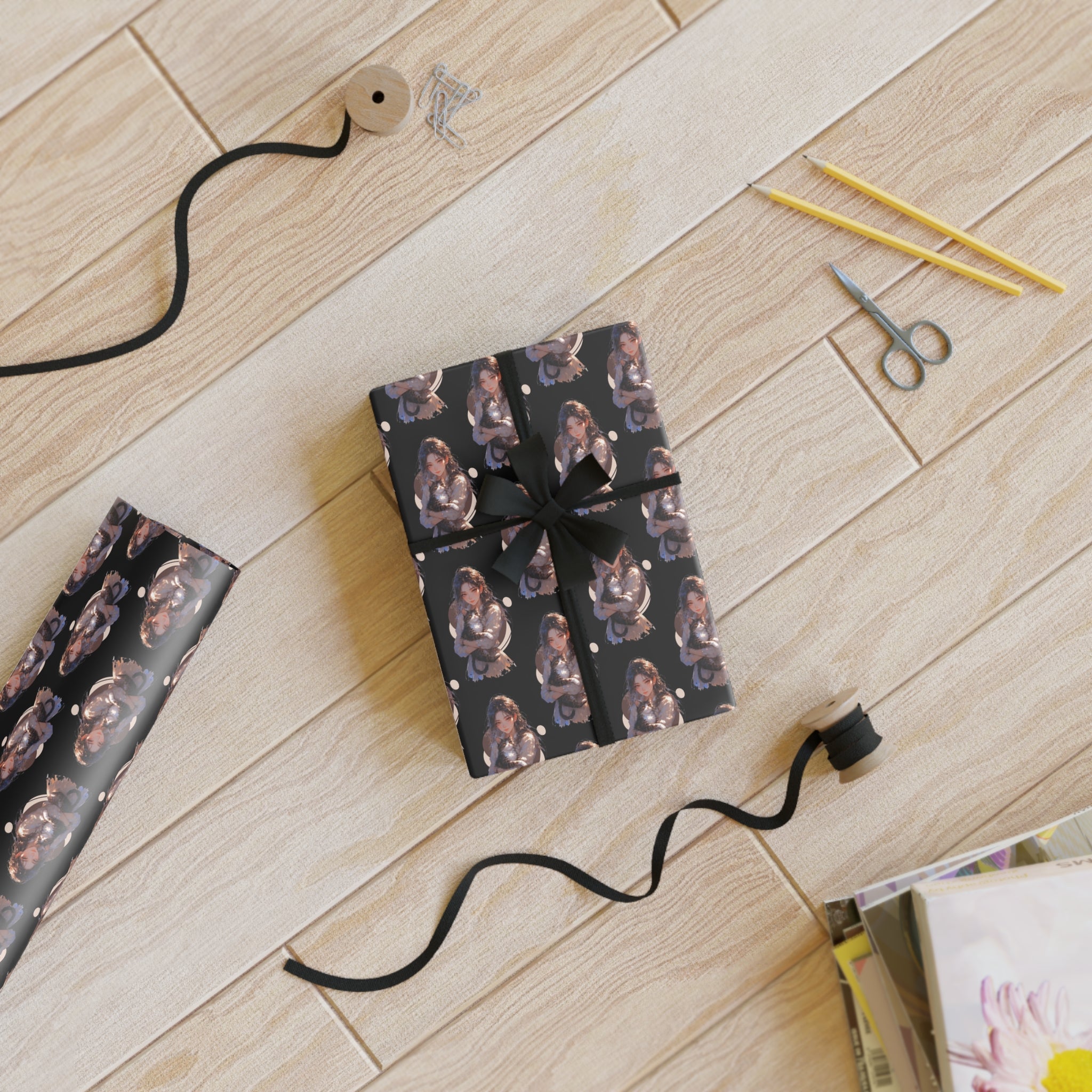 Chic Black Anime Cat Lady Gift Wrapping Paper Roll - Paper Products, Gift Wrapping Paper - EpiAl's Shop
