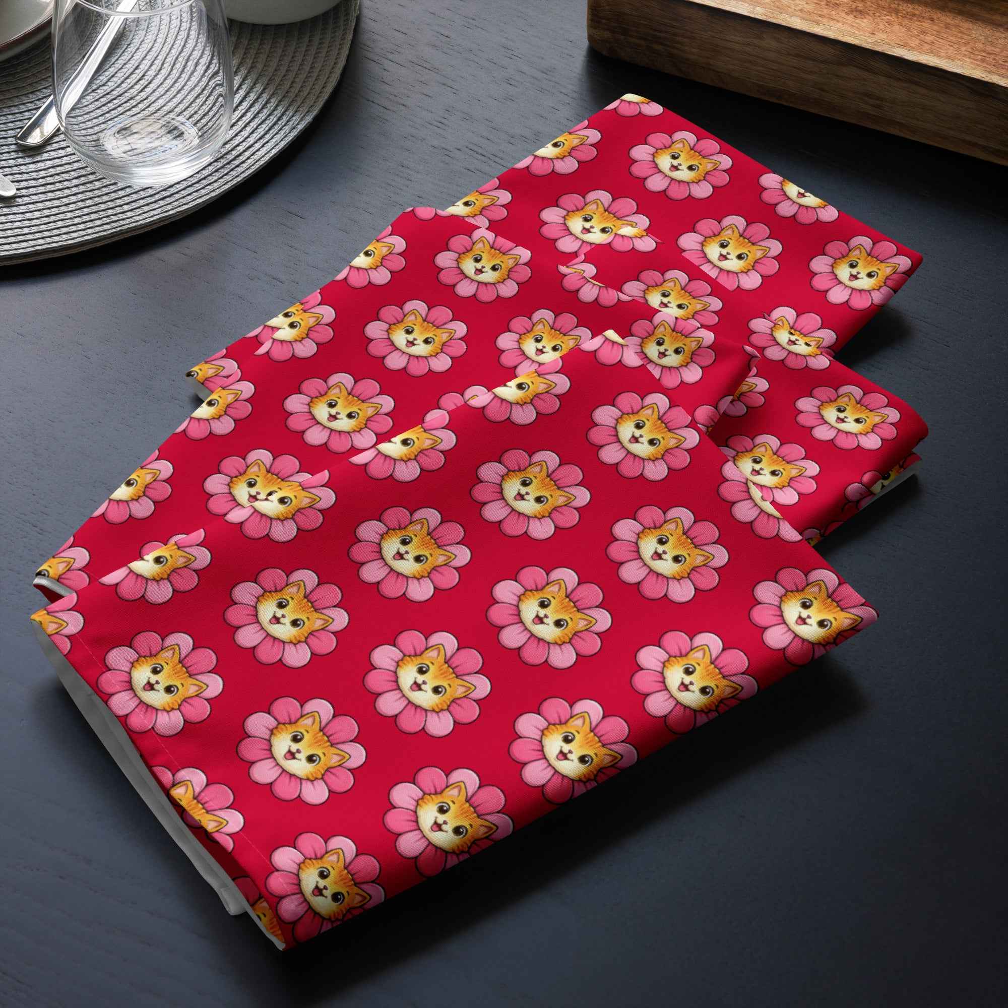 Pink Cat Chaos Cloth Napkin Set | Funny Floral Cat Dinner Napkins (Set of 4)