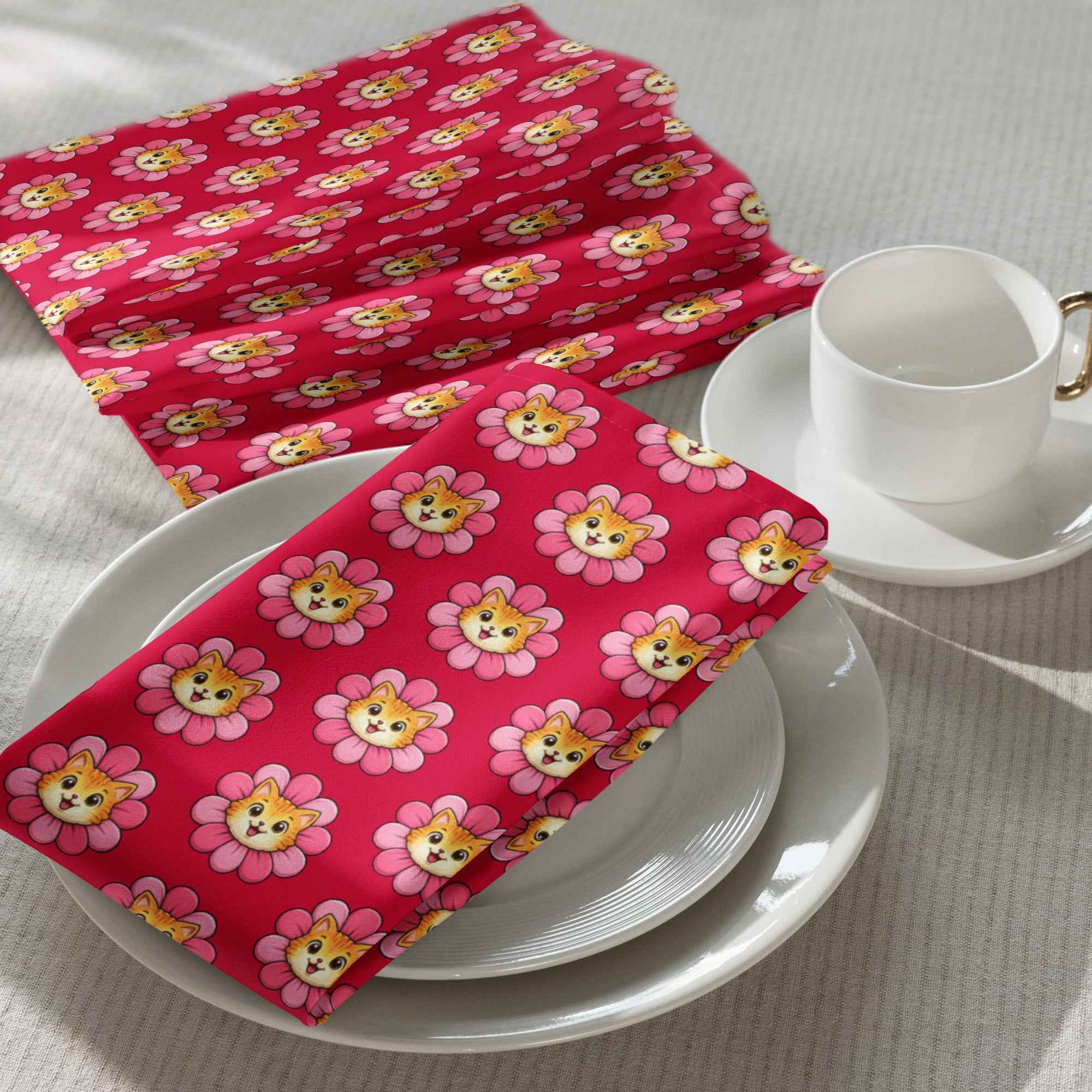 Pink Cat Chaos Cloth Napkin Set | Funny Floral Cat Dinner Napkins (Set of 4)