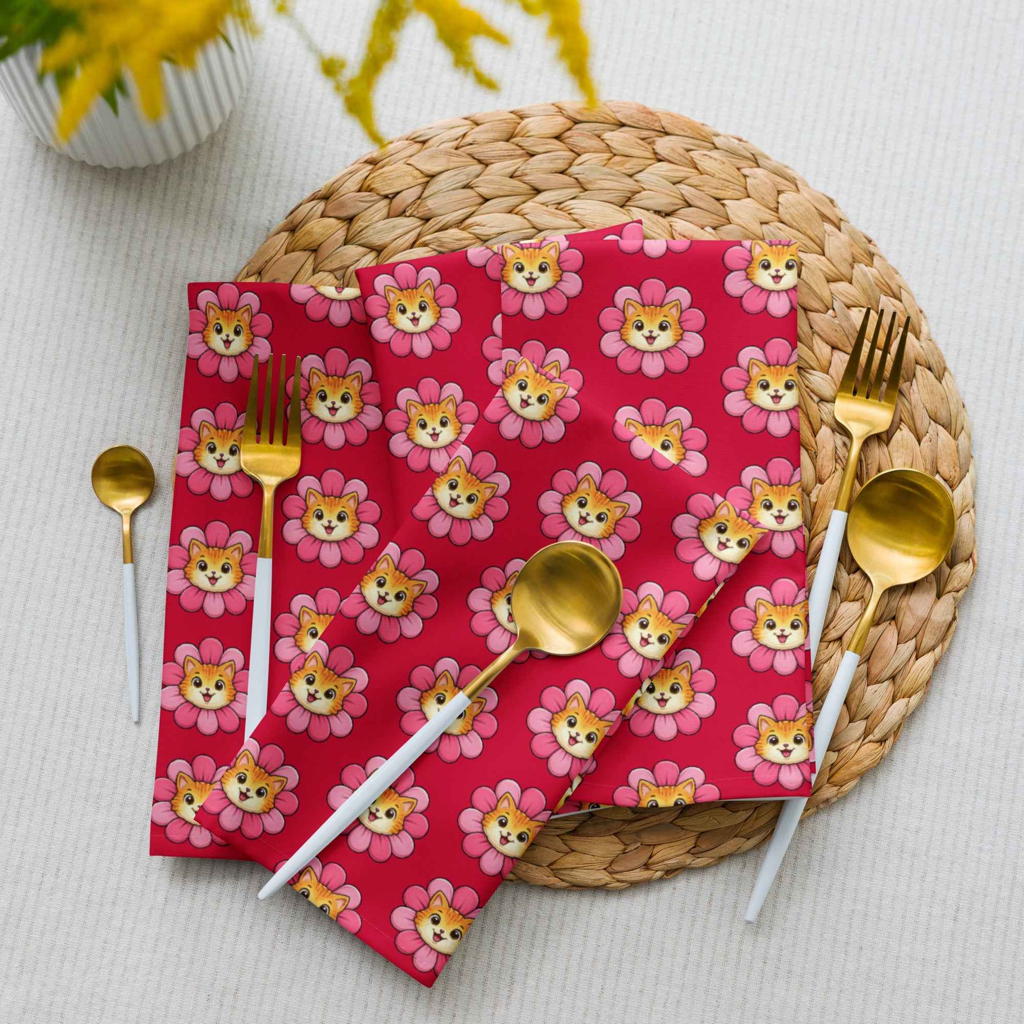 Pink Cat Chaos Cloth Napkin Set | Funny Floral Cat Dinner Napkins (Set of 4)