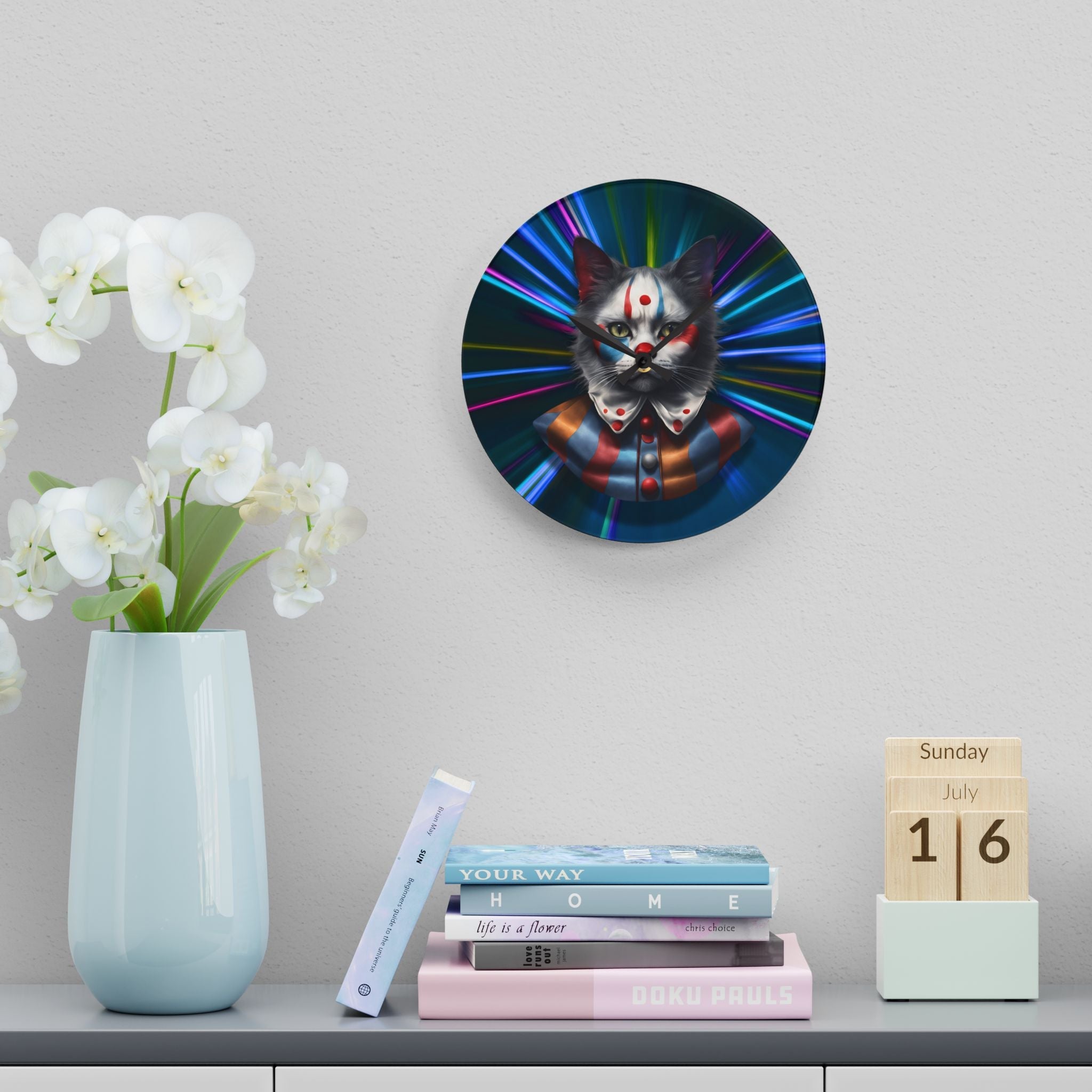 Colorful Cat Clown Acrylic Wall Clock - Whimsical Home Decor - Decor, Home, Wall Clocks - EpiAl's Shop