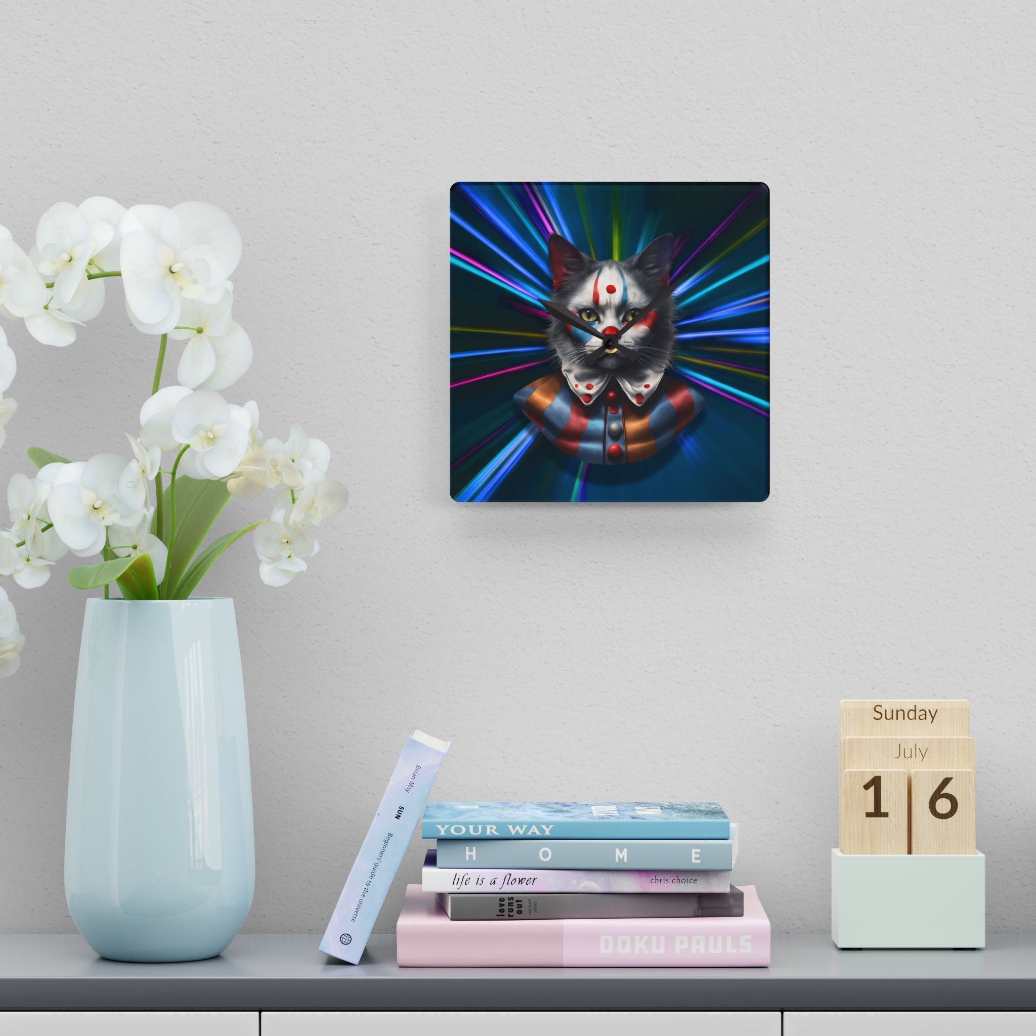 Colorful Cat Clown Acrylic Wall Clock - Whimsical Home Decor - Decor, Home, Wall Clocks - EpiAl's Shop