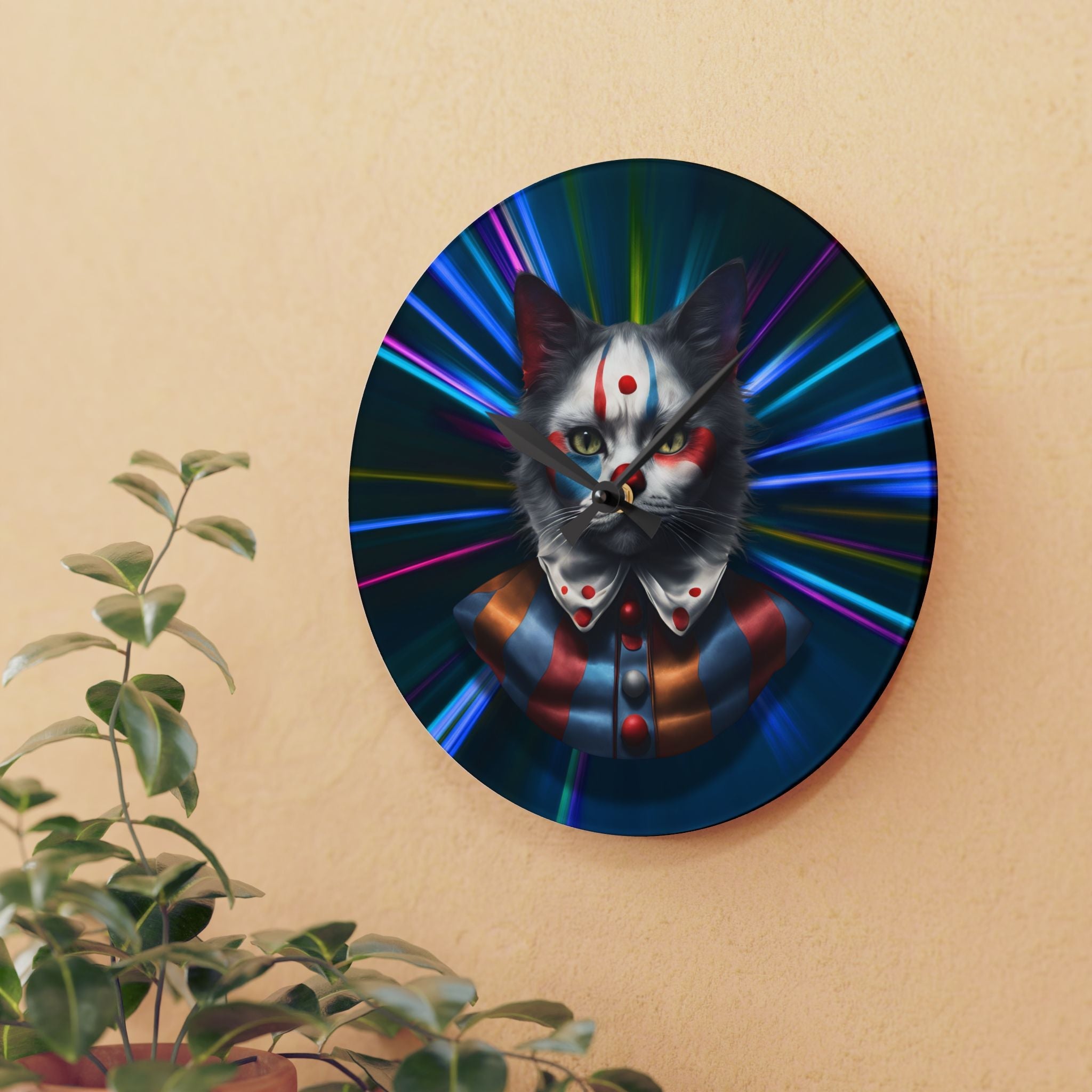 Colorful Cat Clown Acrylic Wall Clock - Whimsical Home Decor - Decor, Home, Wall Clocks - EpiAl's Shop