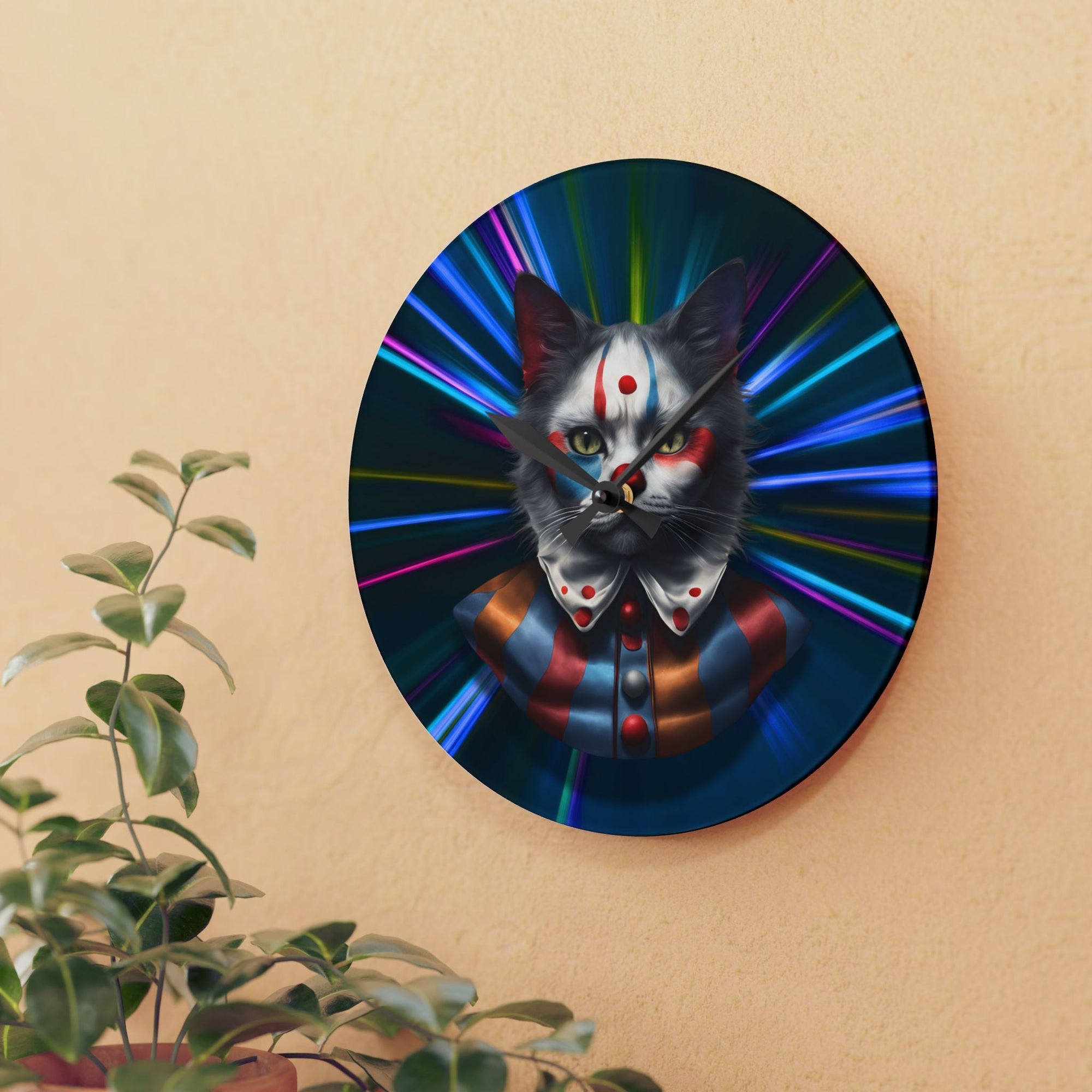 Colorful Cat Clown Acrylic Wall Clock - Whimsical Home Decor - Decor, Home, Wall Clocks - EpiAl's Shop