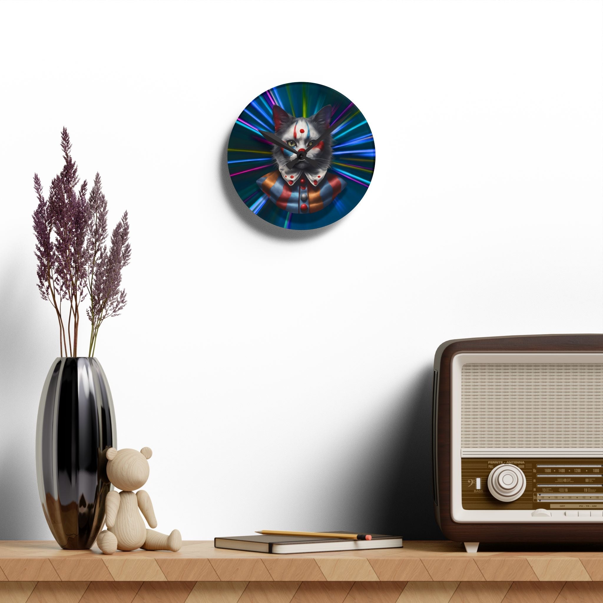 Colorful Cat Clown Acrylic Wall Clock - Whimsical Home Decor - Decor, Home, Wall Clocks - EpiAl's Shop