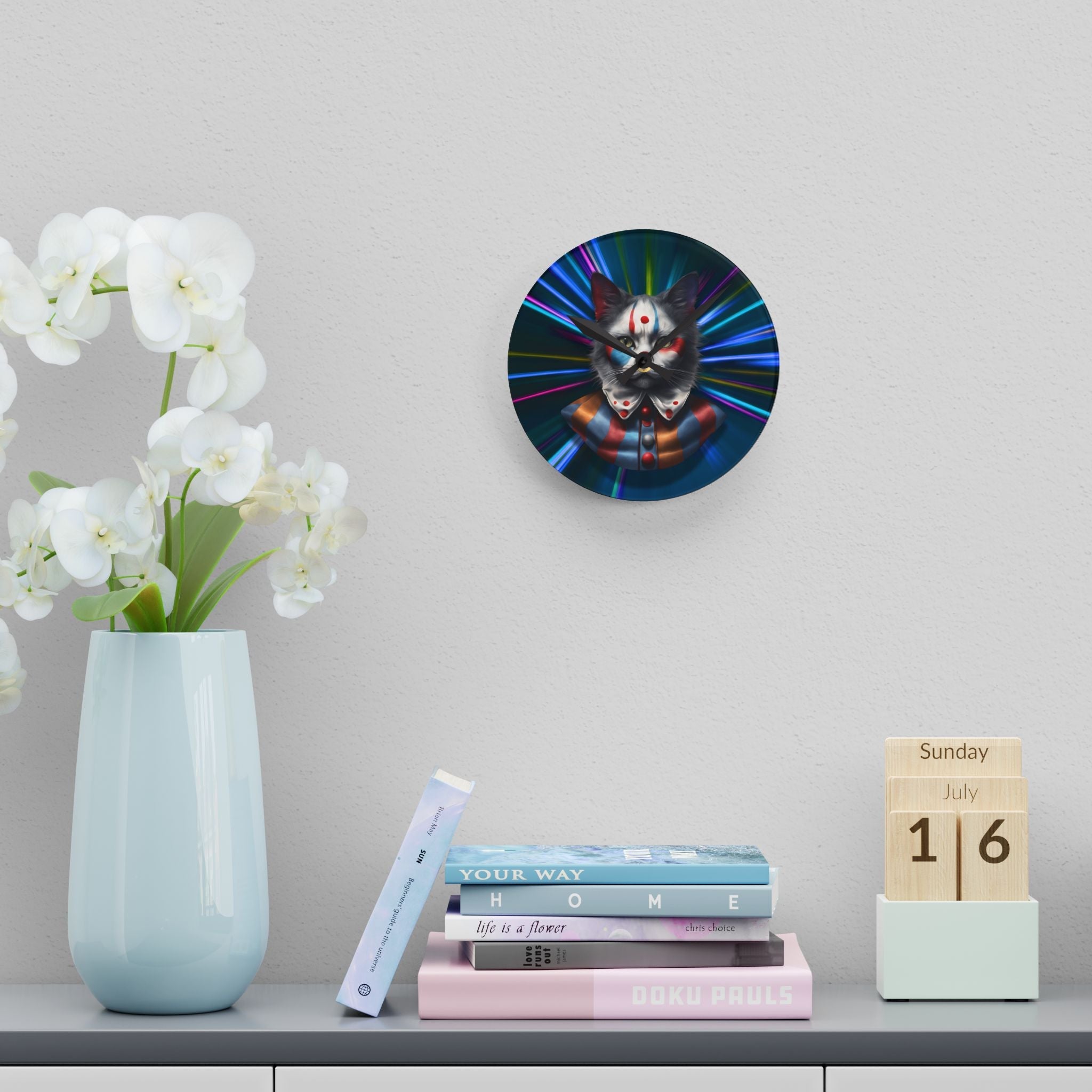 Colorful Cat Clown Acrylic Wall Clock - Whimsical Home Decor - Decor, Home, Wall Clocks - EpiAl's Shop