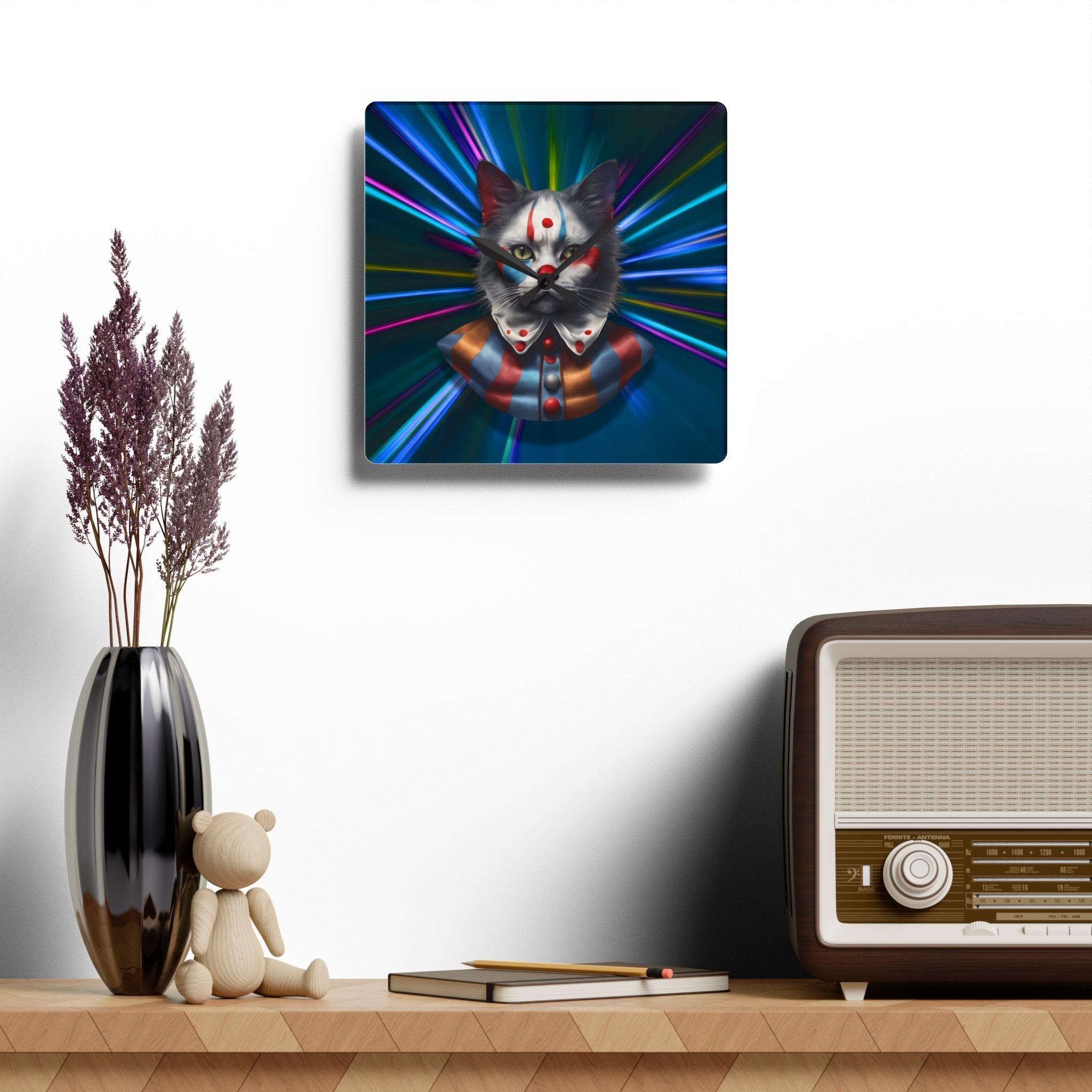 Colorful Cat Clown Acrylic Wall Clock - Whimsical Home Decor - Decor, Home, Wall Clocks - EpiAl's Shop