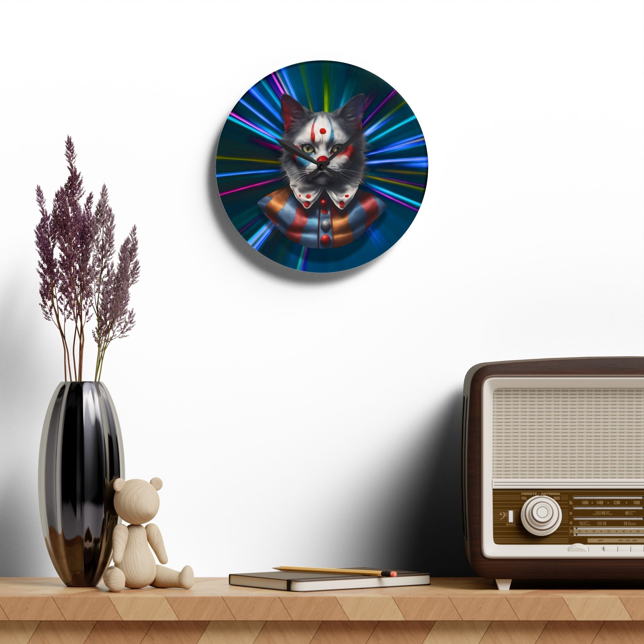 Colorful Cat Clown Acrylic Wall Clock - Whimsical Home Decor - Decor, Home, Wall Clocks - EpiAl's Shop
