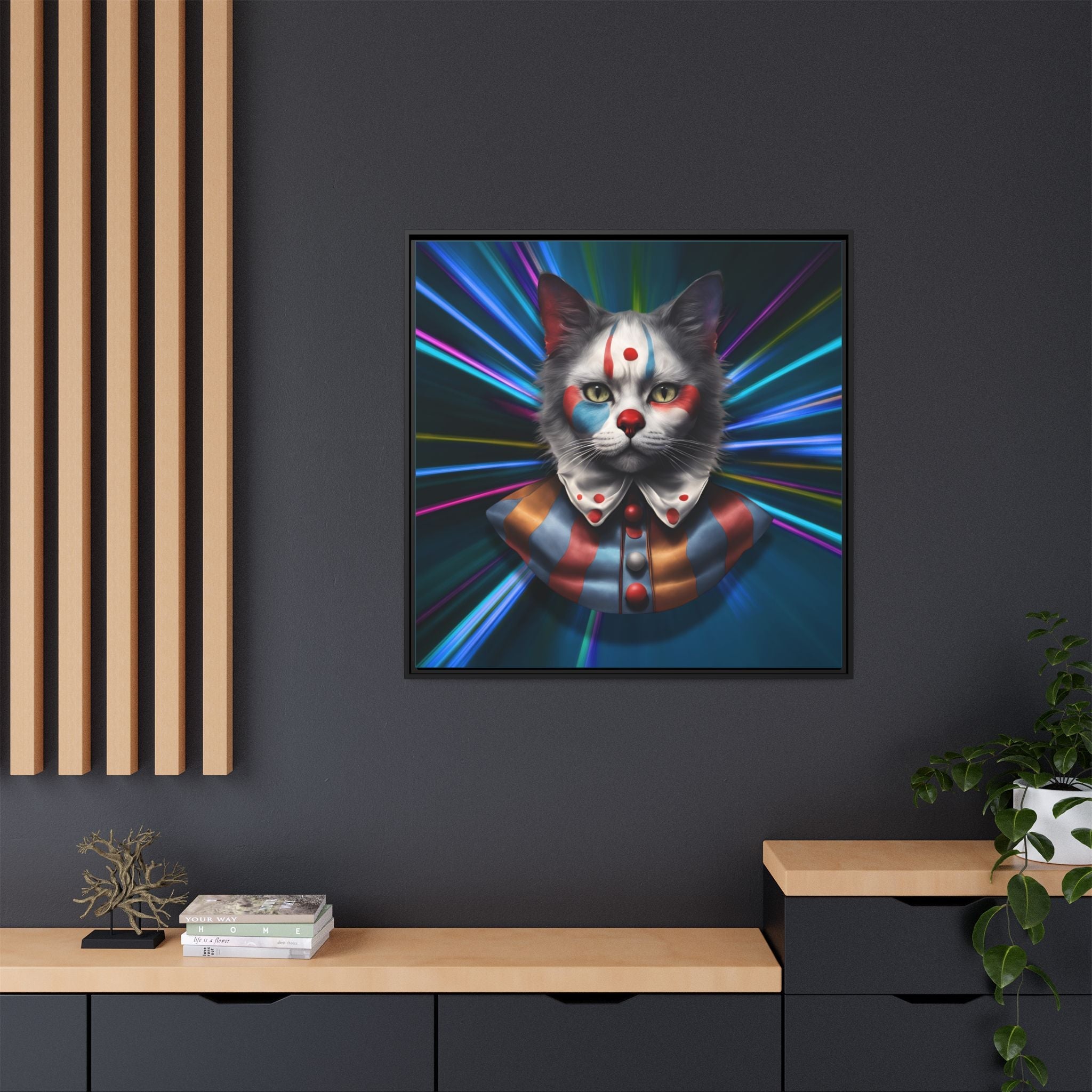 Colorful Cat Clown Framed Canvas Art – Quirky Home Decor for Pet Lovers - Decor, Home, Artwork - EpiAl's Shop