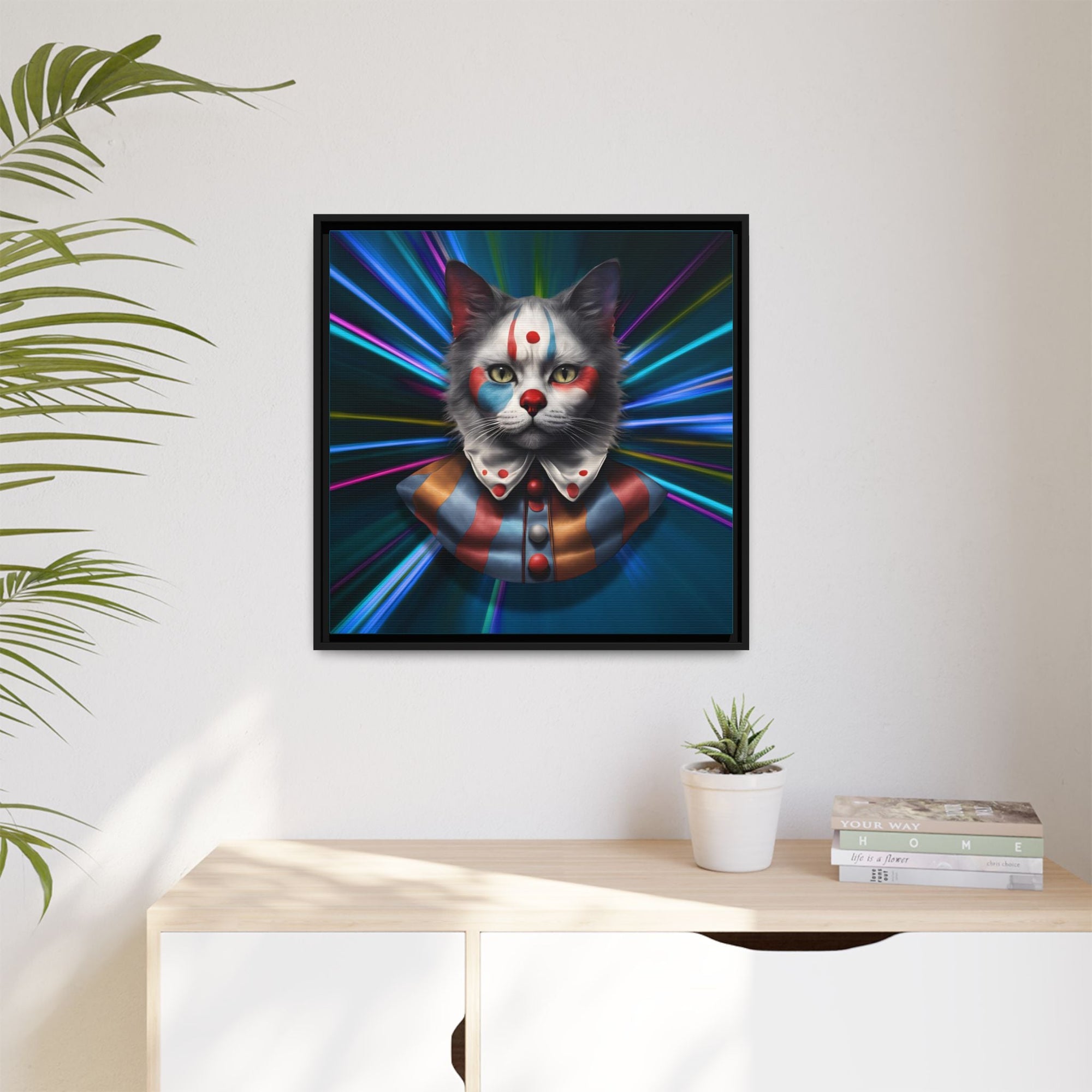 Colorful Cat Clown Framed Canvas Art – Quirky Home Decor for Pet Lovers - Decor, Home, Artwork - EpiAl's Shop