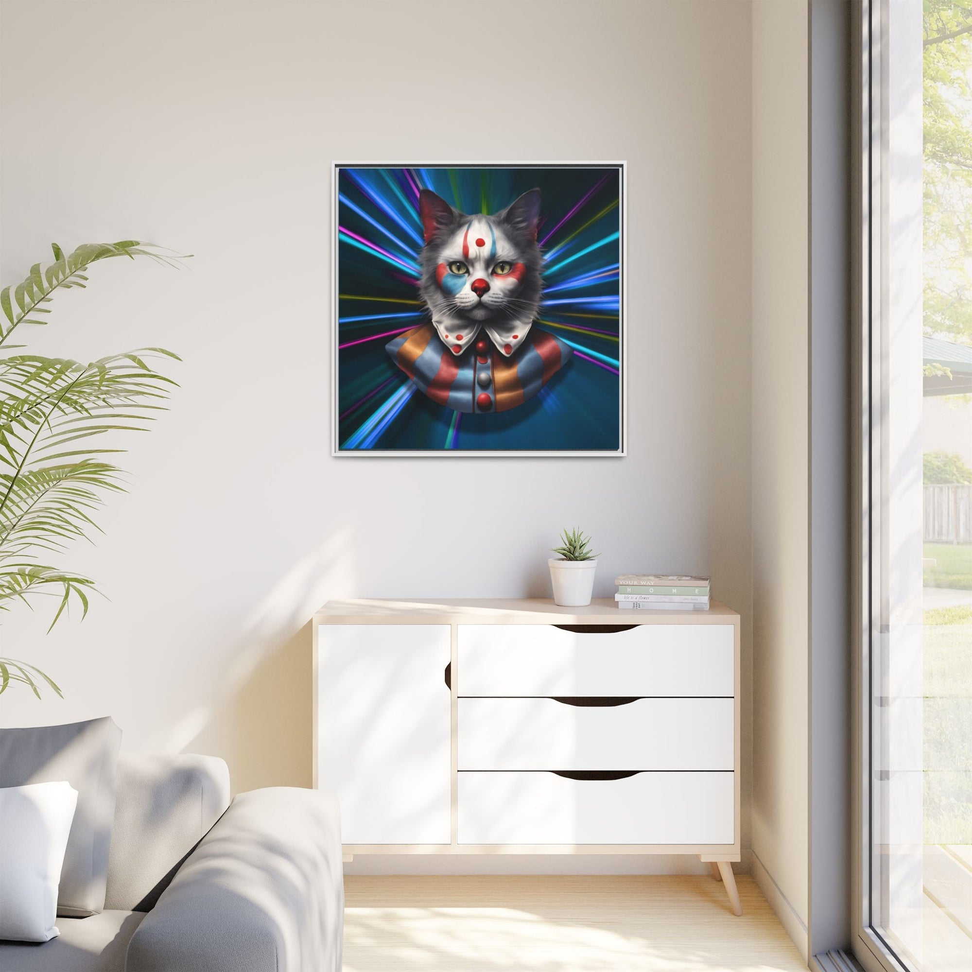 Colorful Cat Clown Framed Canvas Art – Quirky Home Decor for Pet Lovers - Decor, Home, Artwork - EpiAl's Shop