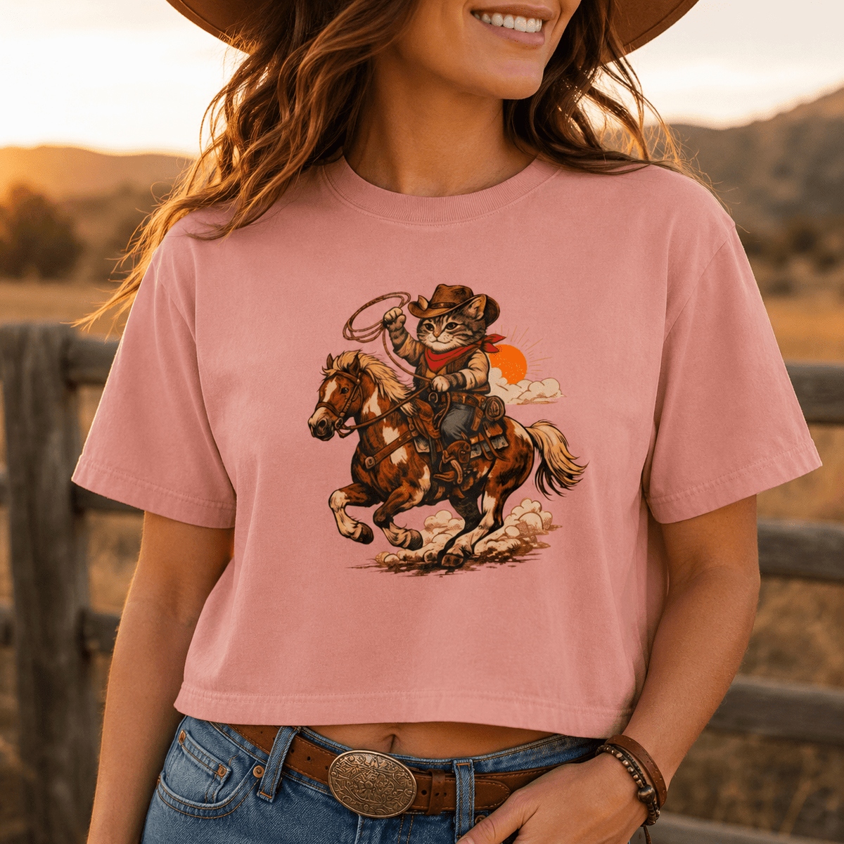 Cowboy Cat Cropped Tee | Vintage Western Cat Boxy Crop Top - Clothing, Women, T-Shirts, Cropped - EpiAl's Shop