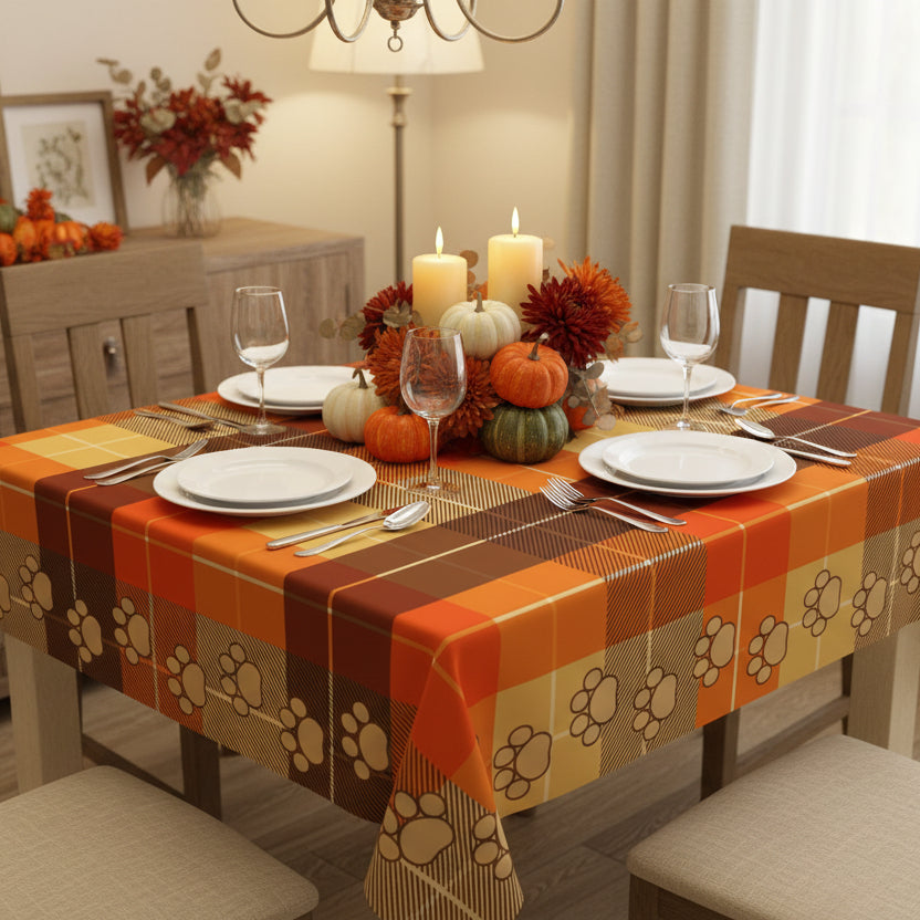 Cozy Autumn Plaid Tablecloth with Paw Prints for Pet Lovers - Decor, Dining, Table Decor - EpiAl's Shop