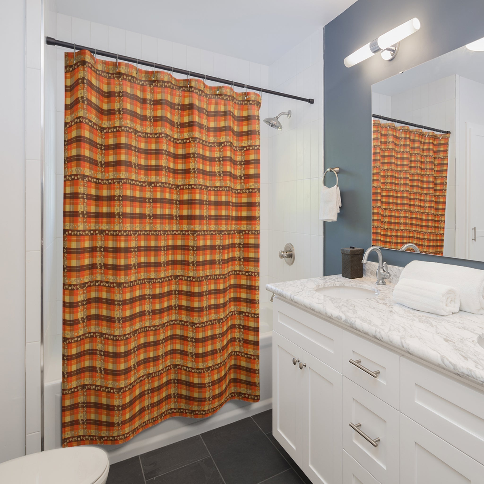 Cozy Plaid Shower Curtain with Paw Prints – Autumn Décor - Home Decor - EpiAl's Shop