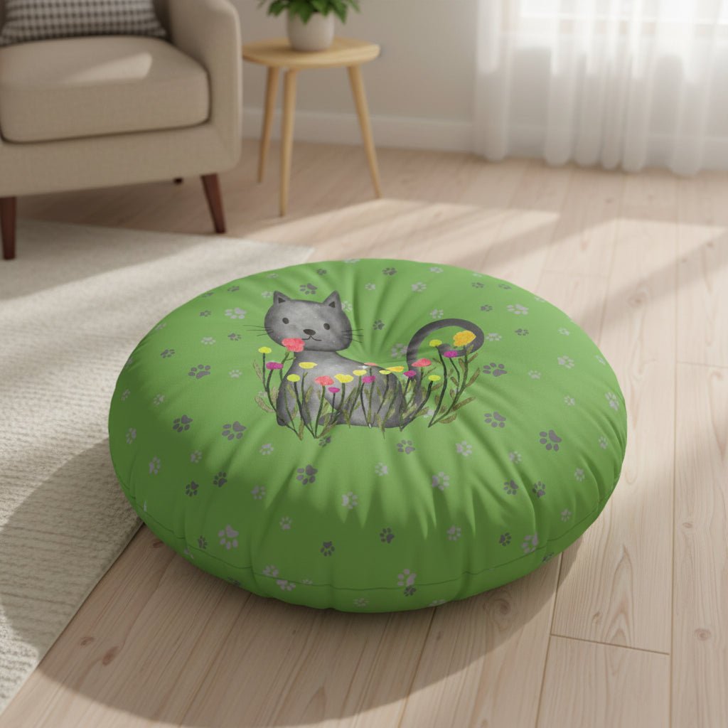 Curious Garden Cat Round Floor Pillow – Green Paw Print Accent Cushion (26" or 30") - Decor, Pillows, Floor - EpiAl's Shop