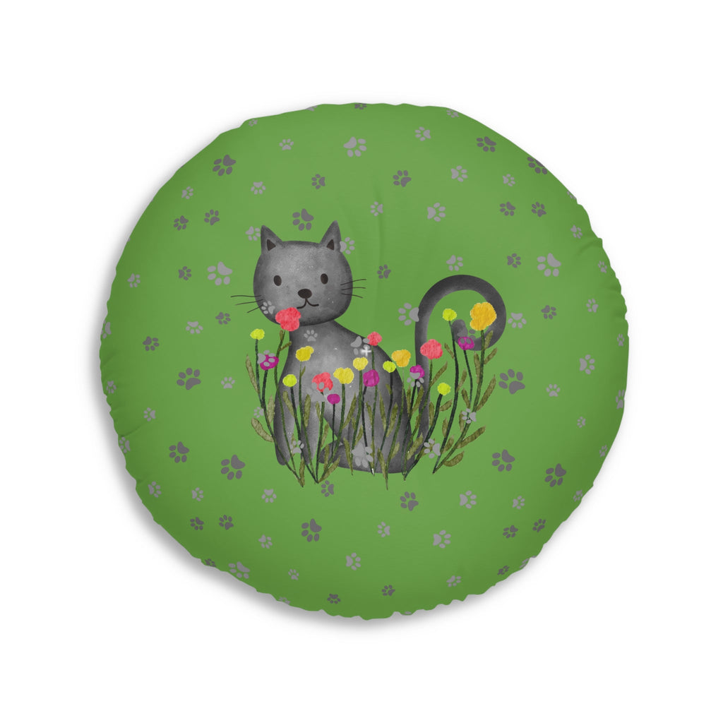 Curious Garden Cat Round Floor Pillow – Green Paw Print Accent Cushion (26" or 30") - Decor, Pillows, Floor - EpiAl's Shop