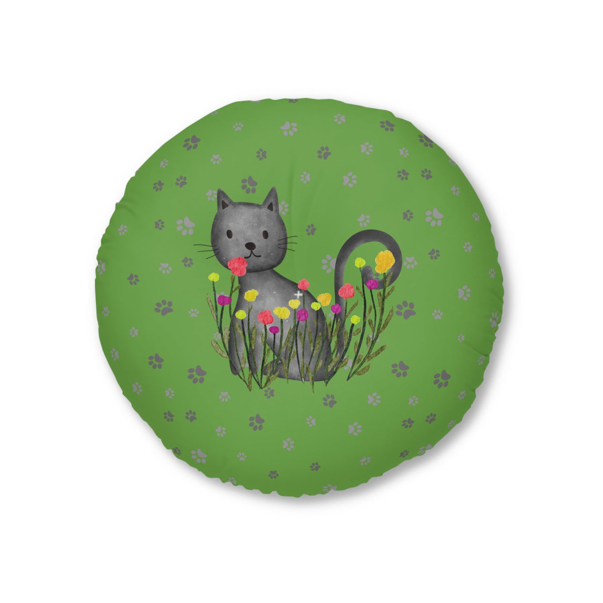 Curious Garden Cat Round Floor Pillow – Green Paw Print Accent Cushion (26" or 30") - Decor, Pillows, Floor - EpiAl's Shop