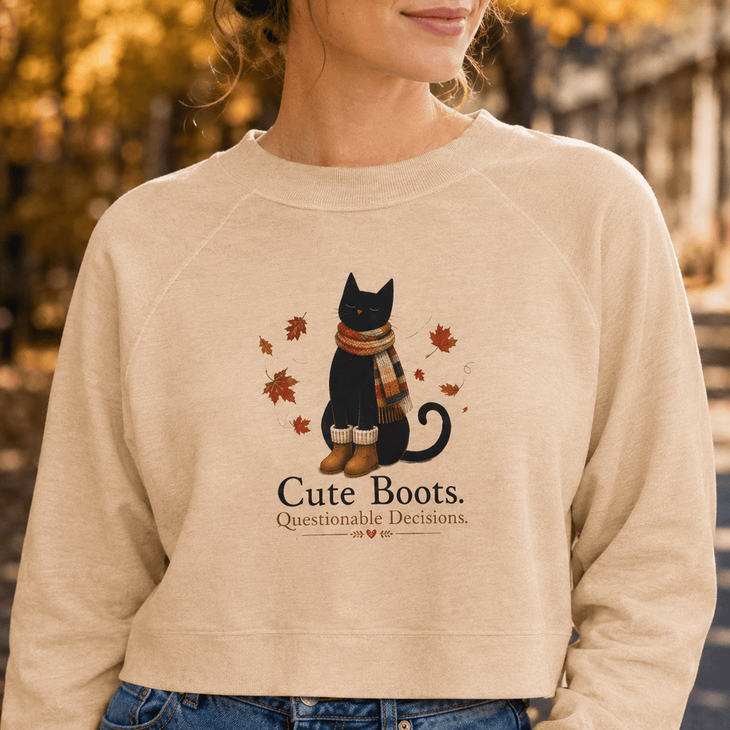 Cute Boots Questionable Decisions Cropped Sweatshirt | Funny Fall Cat Pullover - Clothing, Women, Sweatshirts, Cropped - EpiAl's Shop