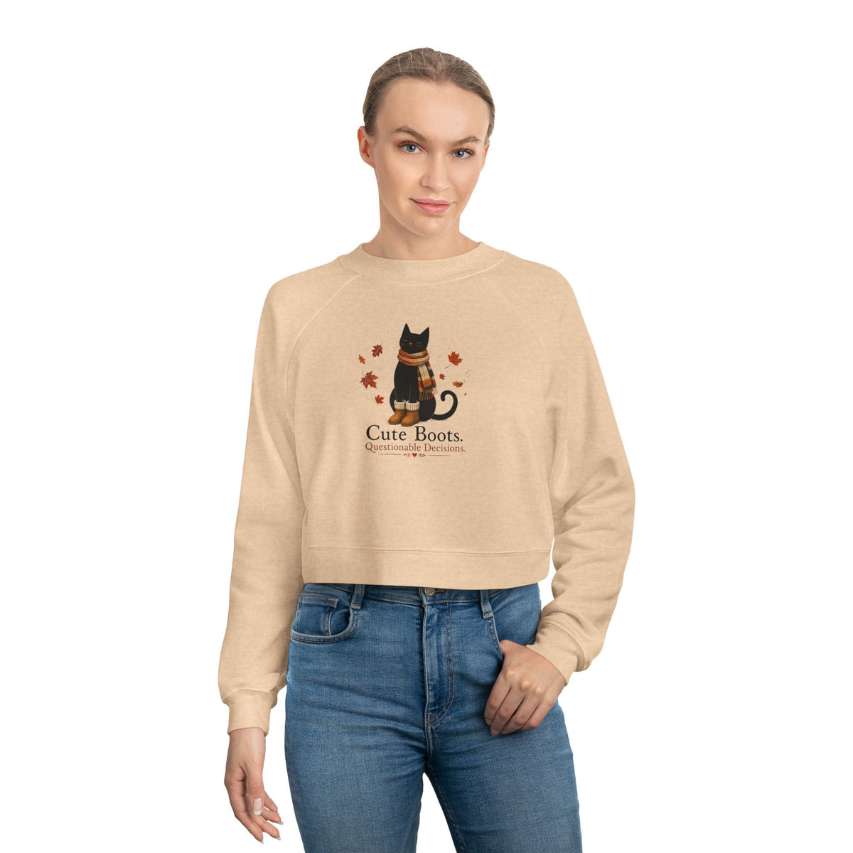 Cute Boots Questionable Decisions Cropped Sweatshirt | Funny Fall Cat Pullover - Clothing, Women, Sweatshirts, Cropped - EpiAl's Shop