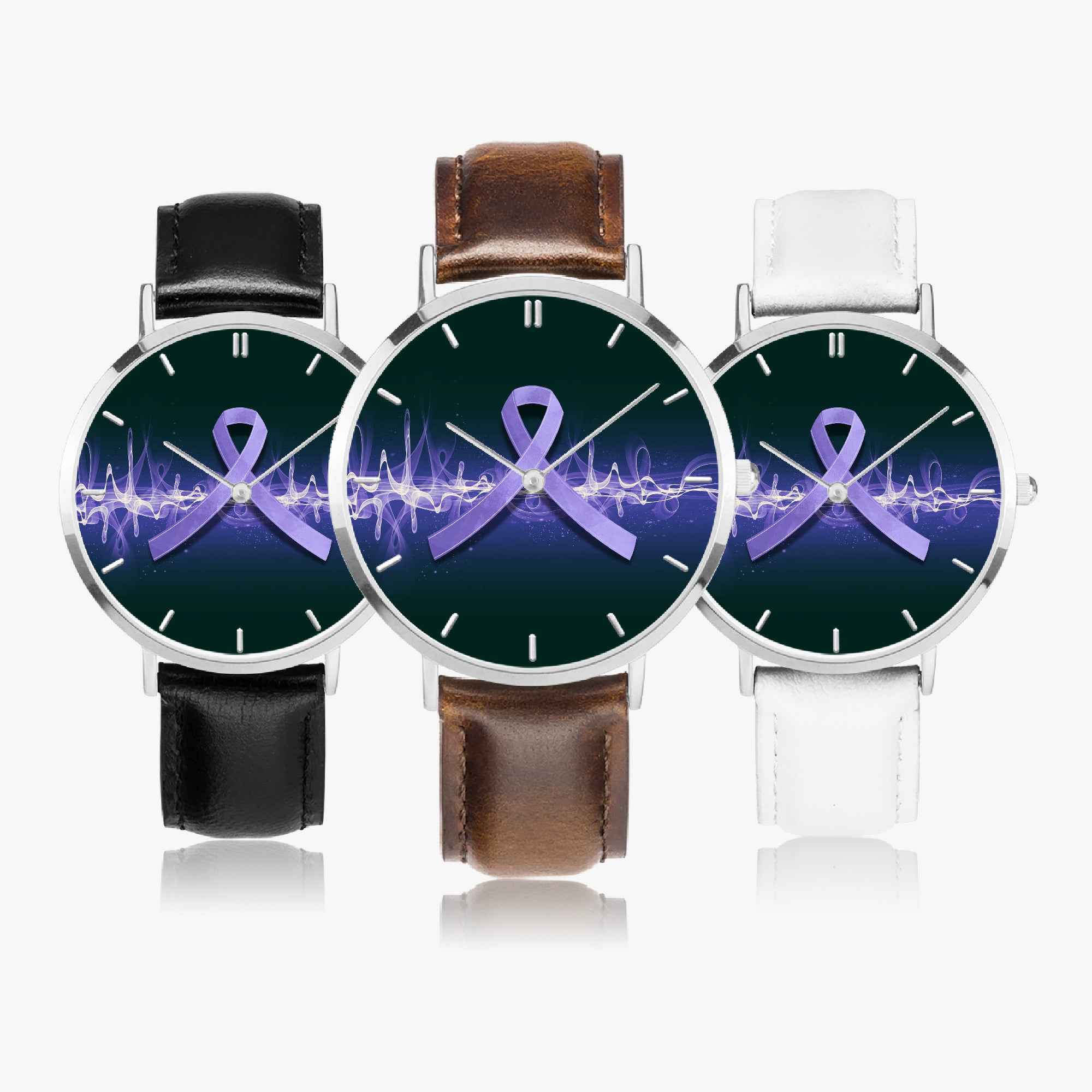Neurostrong Purple Ribbon Watch – Unisex Stainless Steel Leather Band Timepiece