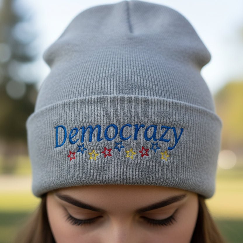 Democrazy Cuffed Beanie – Political Satire Knit Hat - Hats, Beanie - EpiAl's Shop