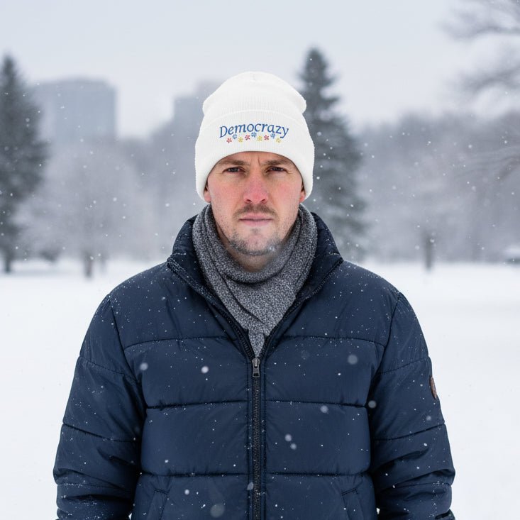 Democrazy Cuffed Beanie – Political Satire Knit Hat - Hats, Beanie - EpiAl's Shop