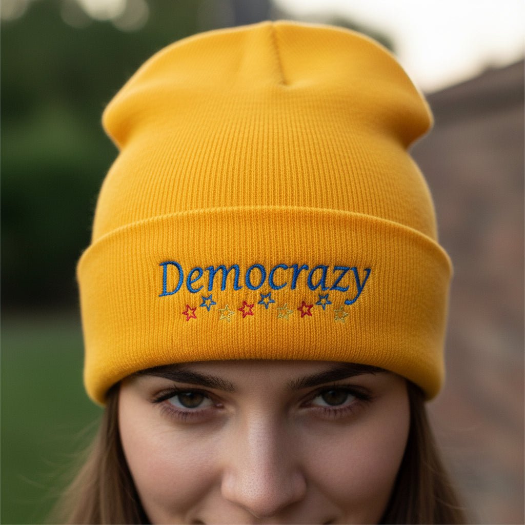 Democrazy Cuffed Beanie – Political Satire Knit Hat - Hats, Beanie - EpiAl's Shop