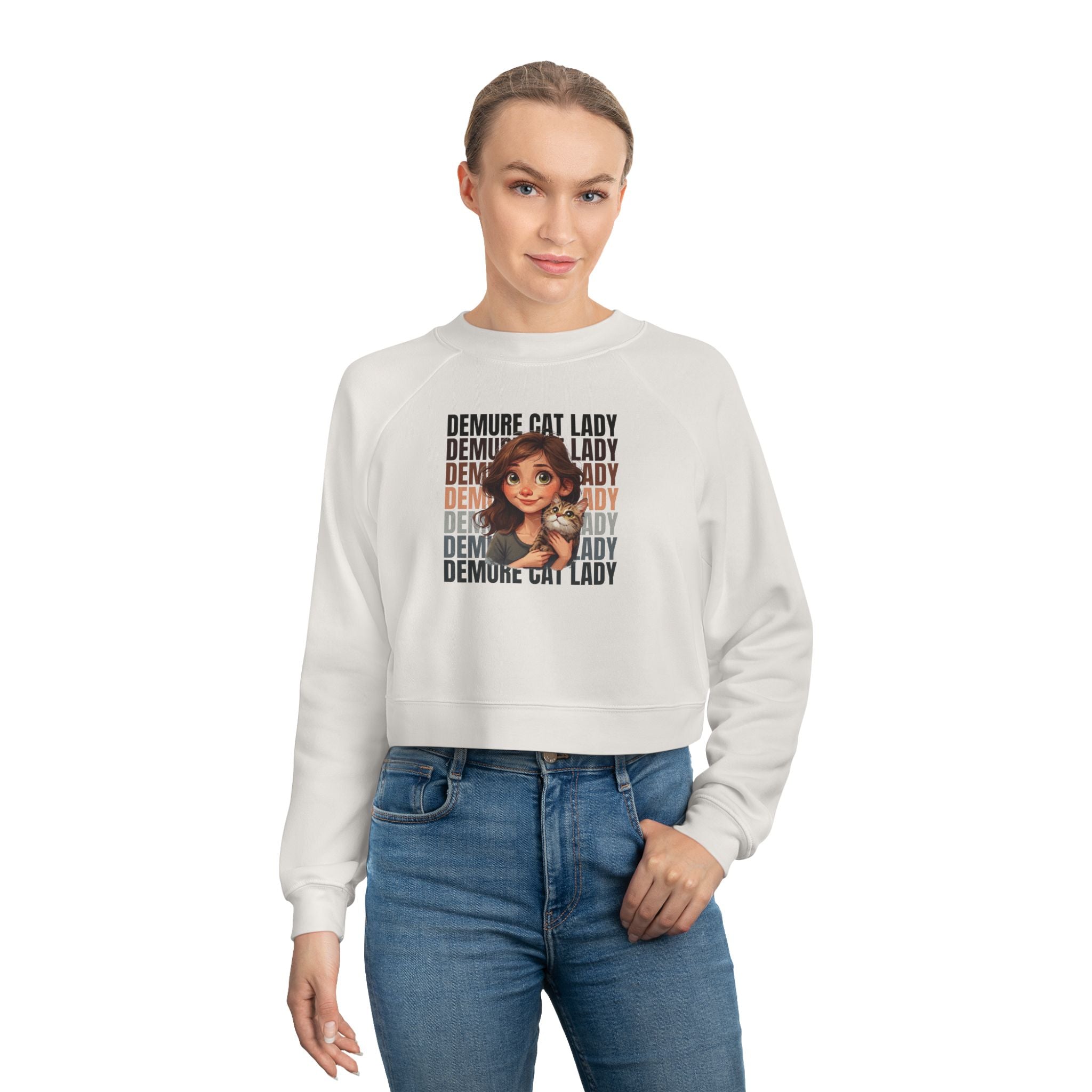 Demure Cat Lady Cropped Pullover | Cozy Women's Sweatshirt - Clothing, Sweatshirts, Crop - EpiAl's Shop
