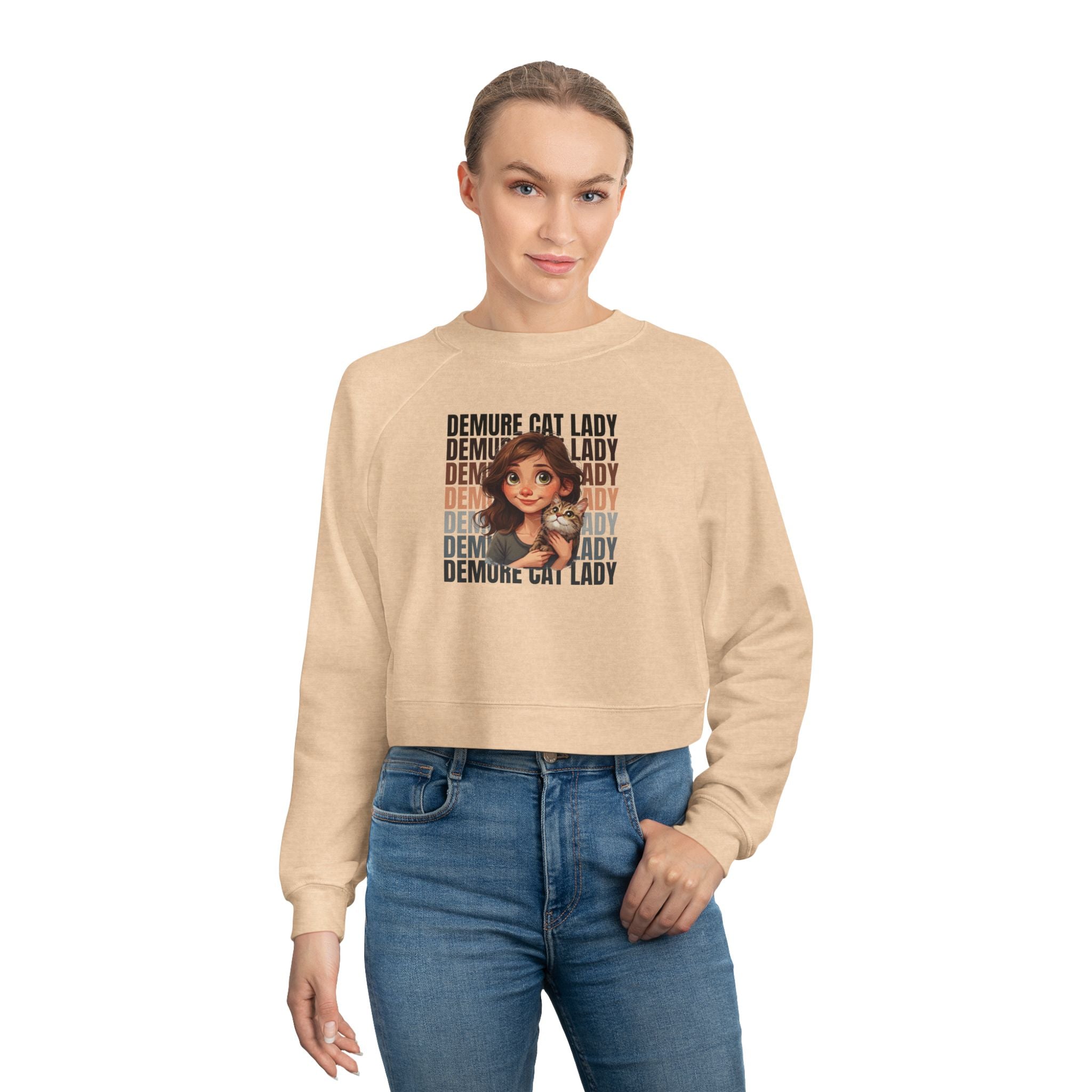 Demure Cat Lady Cropped Pullover | Cozy Women's Sweatshirt - Clothing, Sweatshirts, Crop - EpiAl's Shop