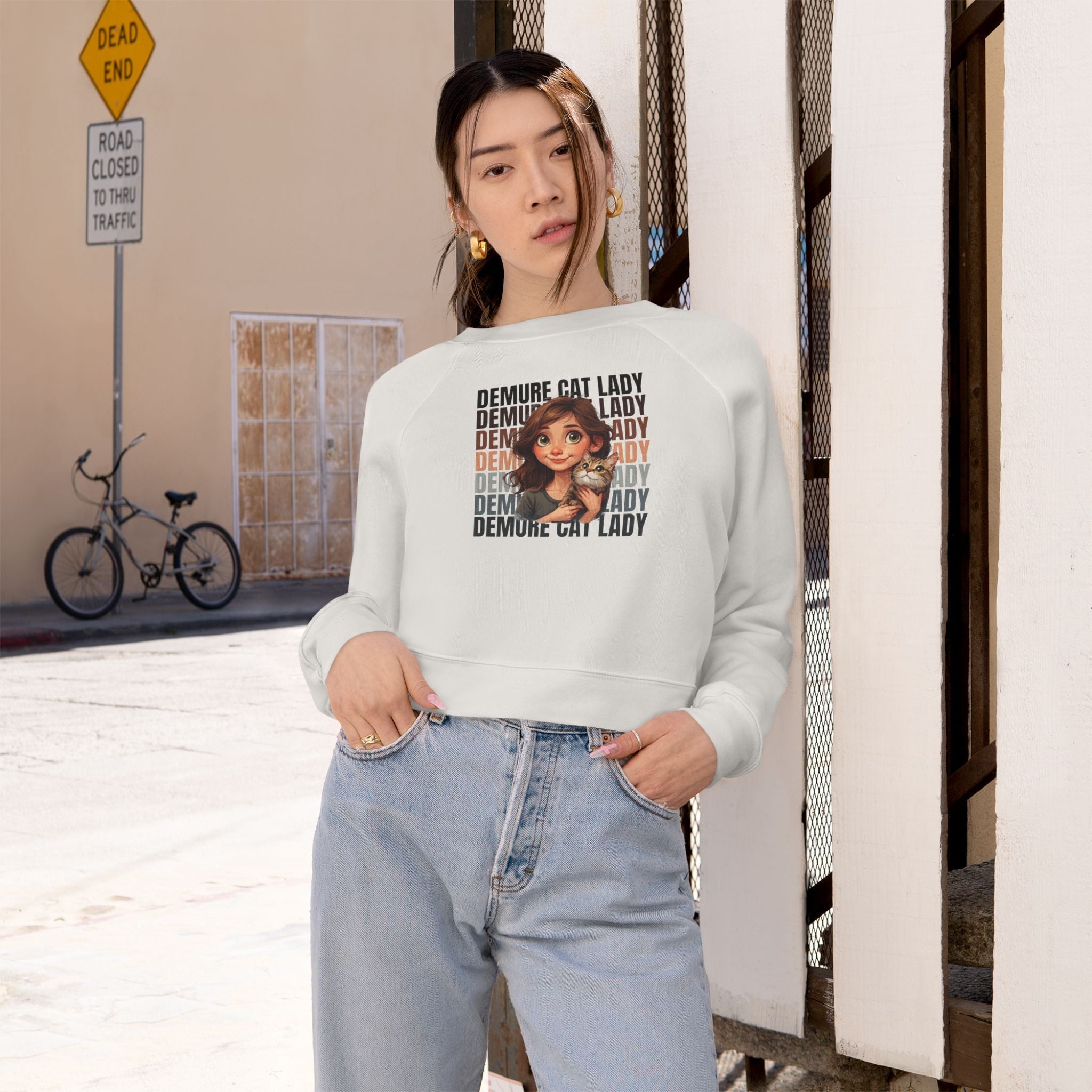 Demure Cat Lady Cropped Pullover | Cozy Women's Sweatshirt - Clothing, Sweatshirts, Crop - EpiAl's Shop