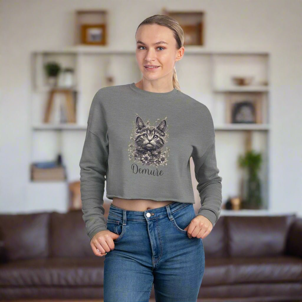 Demure Cat Women's Cropped Sweatshirt - Clothing, Sweatshirts, Crop - EpiAl's Shop