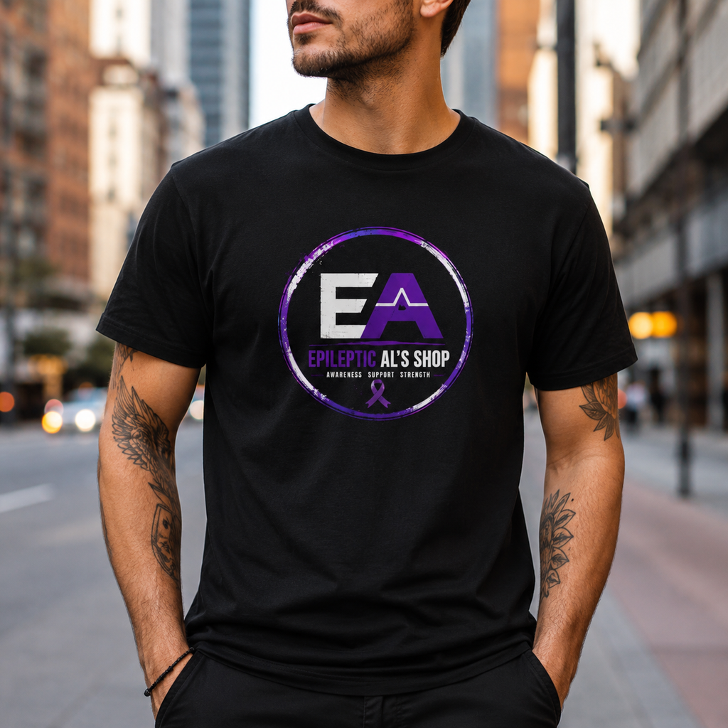 man standing in a city street wearing a black t-shirt