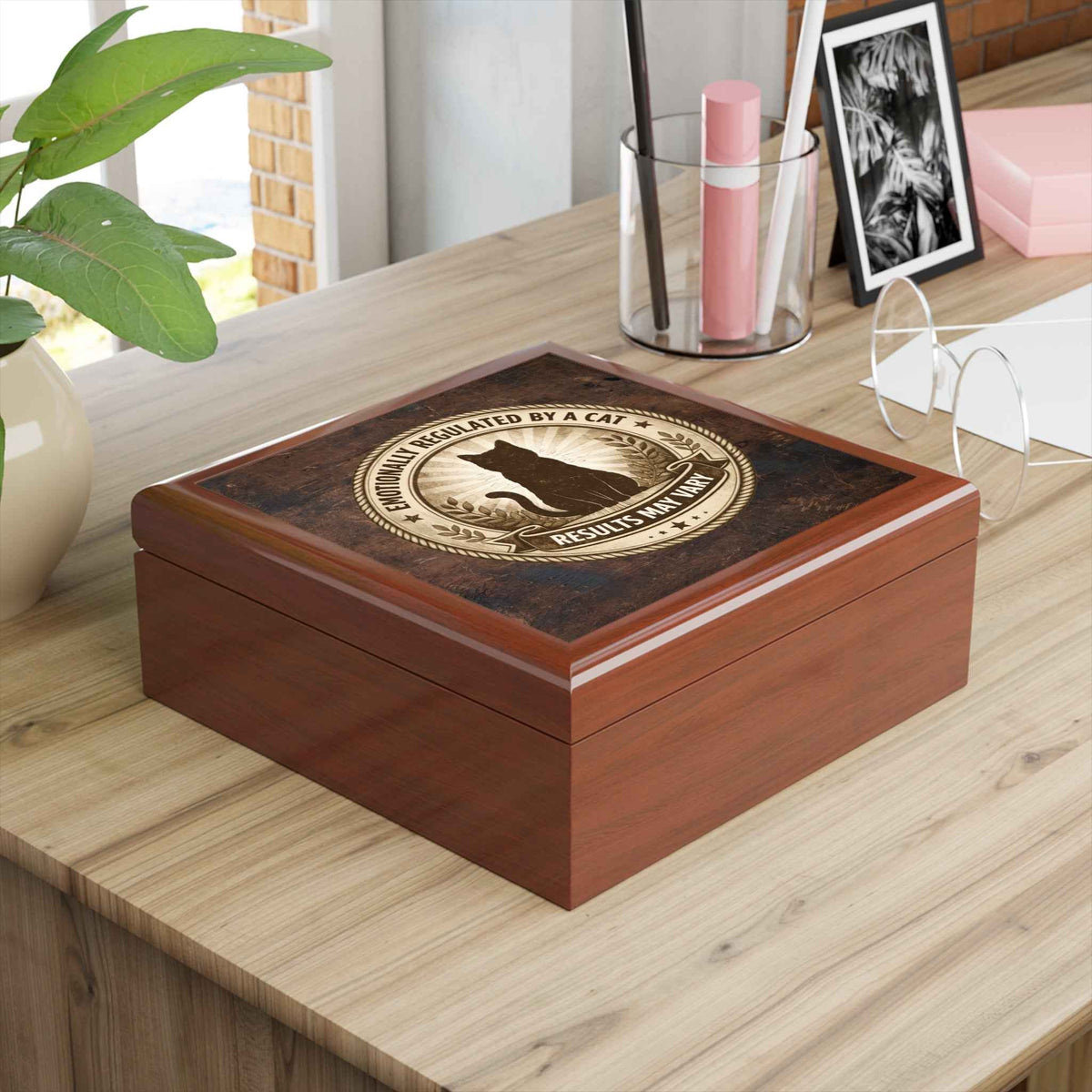 Emotionally Regulated by a Cat – Wood Jewelry Box (Brown Finish) - Decor, Jewelry Boxes - EpiAl's Shop