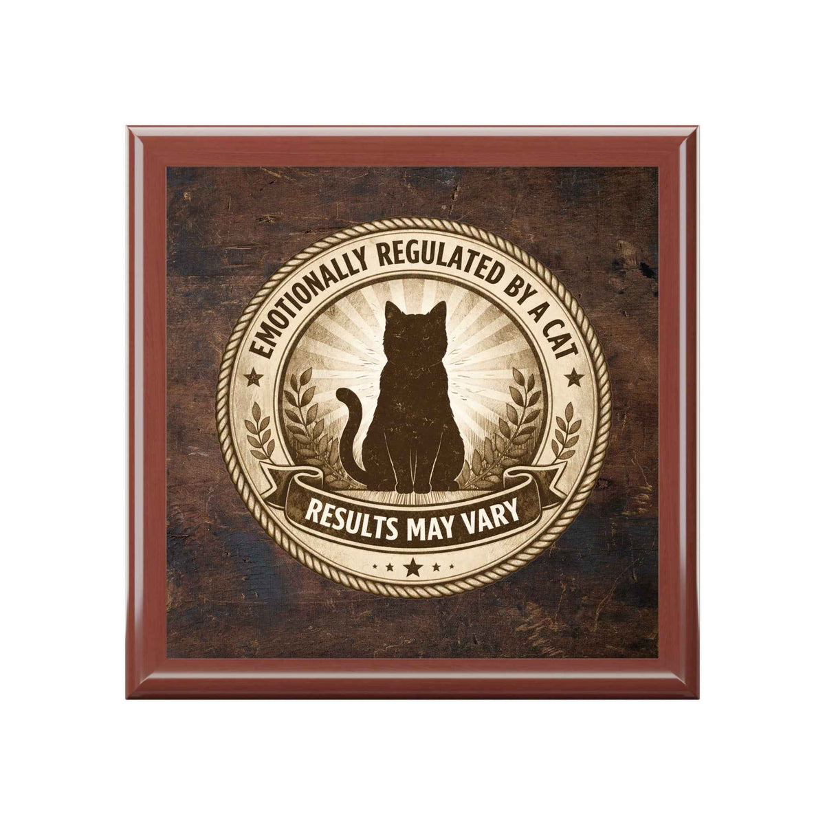 Emotionally Regulated by a Cat – Wood Jewelry Box (Brown Finish) - Decor, Jewelry Boxes - EpiAl's Shop