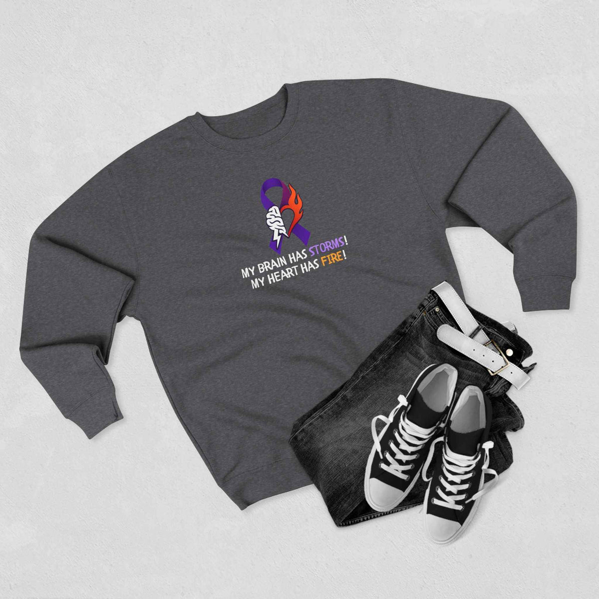 Epilepsy Awareness “Brain Storms & Heart Fire” Unisex Sweatshirt - Clothing, Unisex, Sweatshirts - EpiAl's Shop