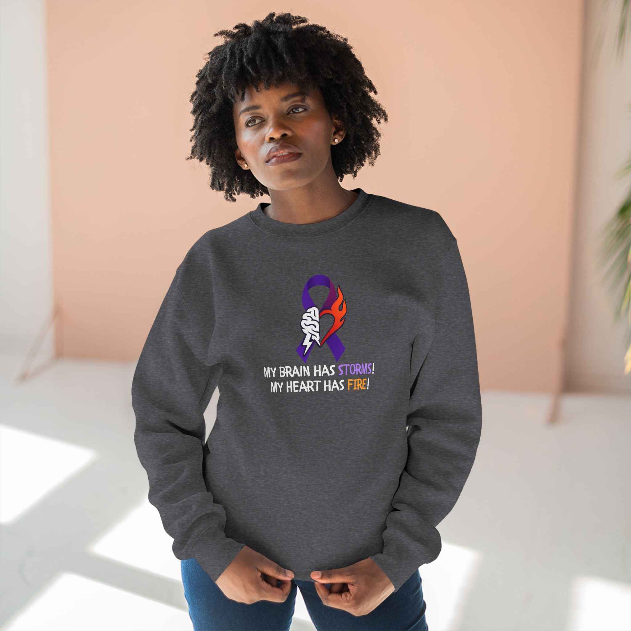Epilepsy Awareness “Brain Storms & Heart Fire” Unisex Sweatshirt - Clothing, Unisex, Sweatshirts - EpiAl's Shop