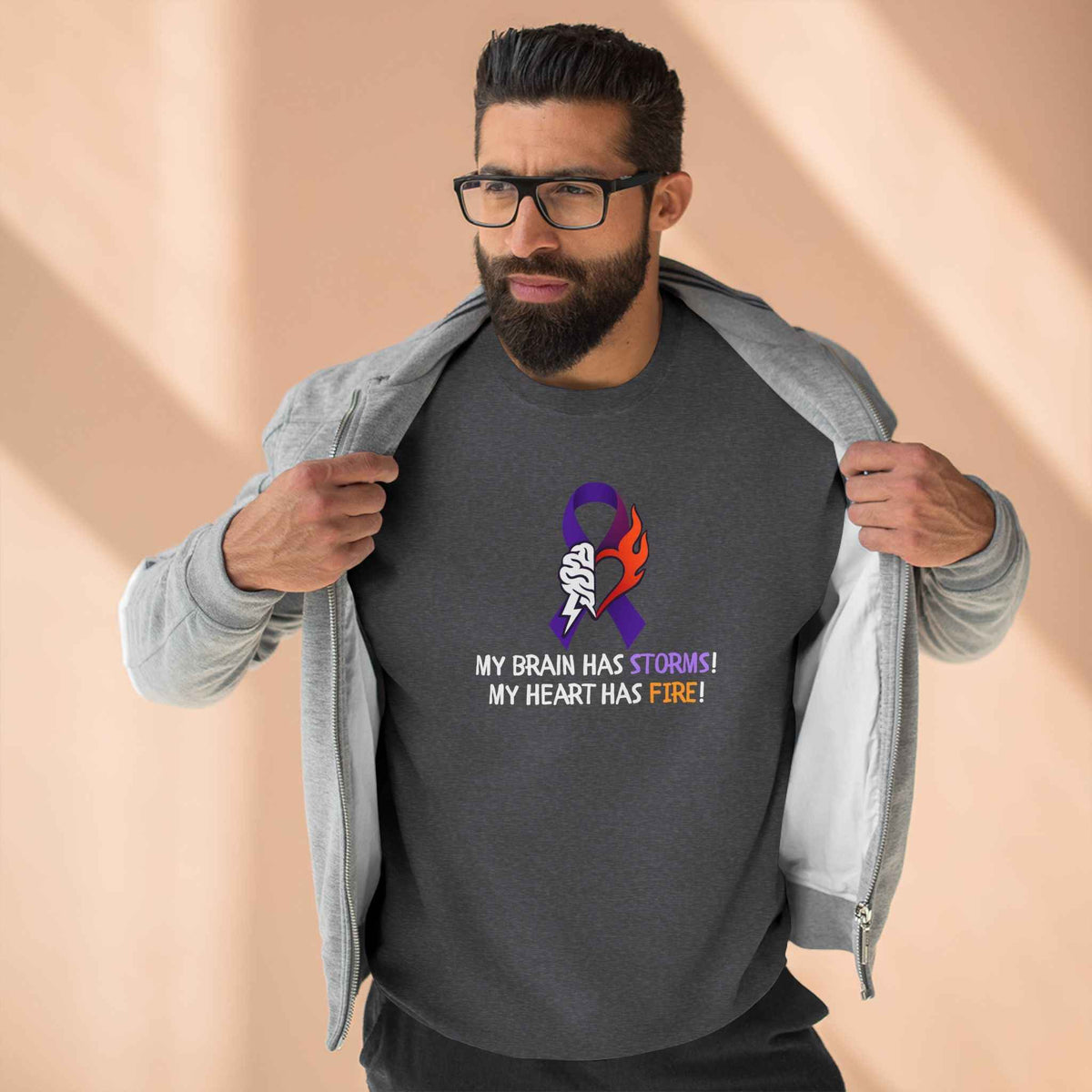 Epilepsy Awareness “Brain Storms & Heart Fire” Unisex Sweatshirt - Clothing, Unisex, Sweatshirts - EpiAl's Shop