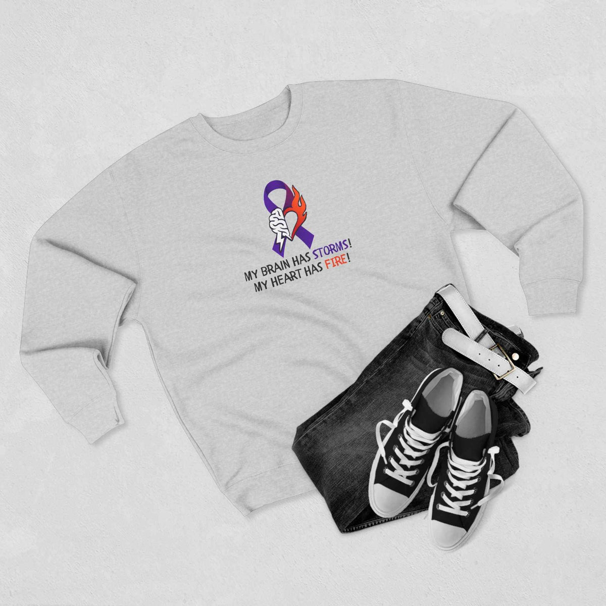 Epilepsy Awareness “Brain Storms & Heart Fire” Unisex Sweatshirt - Clothing, Unisex, Sweatshirts - EpiAl's Shop