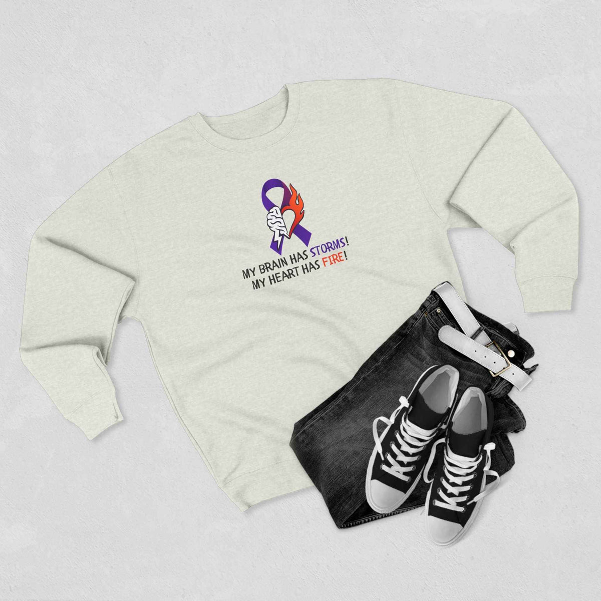 Epilepsy Awareness “Brain Storms & Heart Fire” Unisex Sweatshirt - Clothing, Unisex, Sweatshirts - EpiAl's Shop
