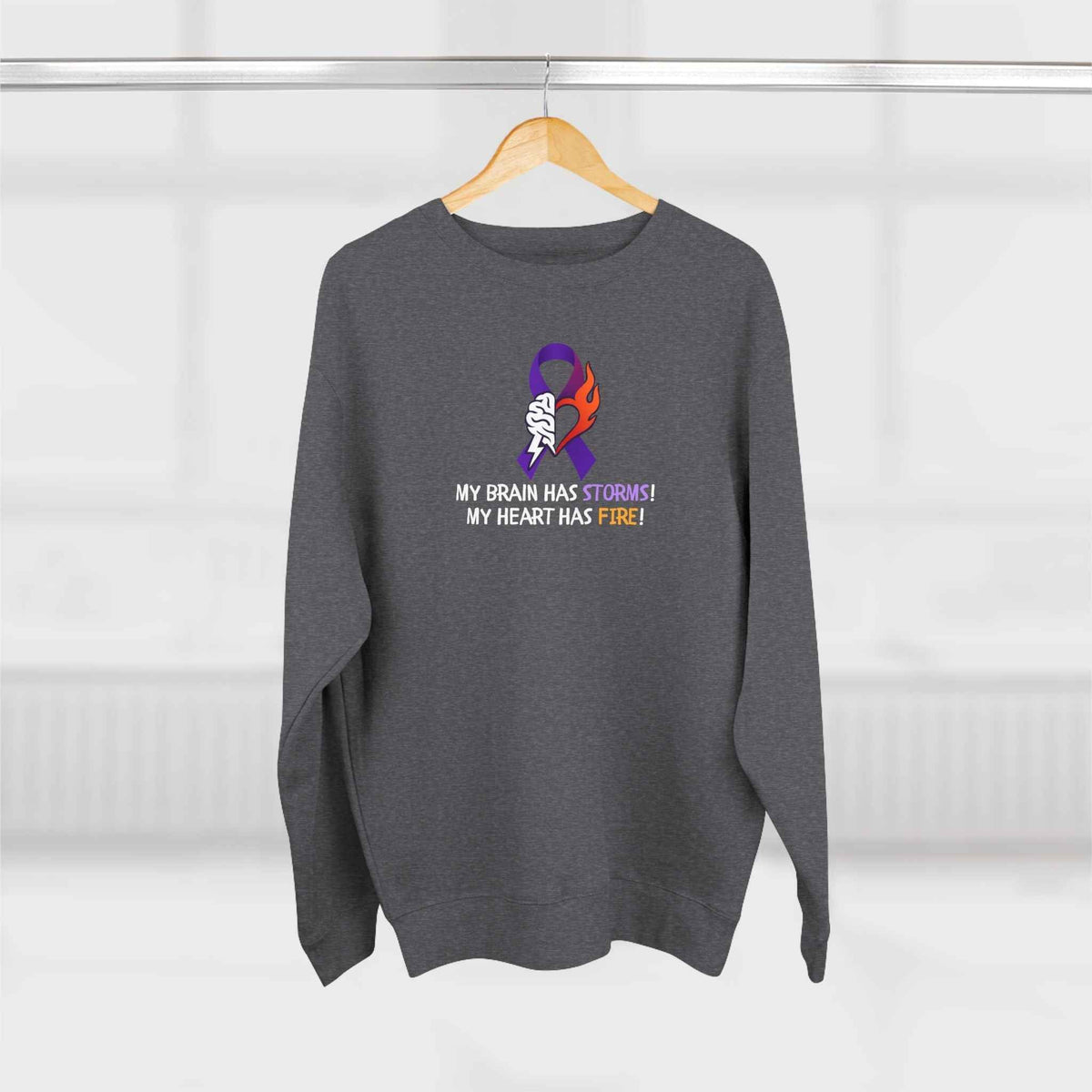 Epilepsy Awareness “Brain Storms & Heart Fire” Unisex Sweatshirt - Clothing, Unisex, Sweatshirts - EpiAl's Shop