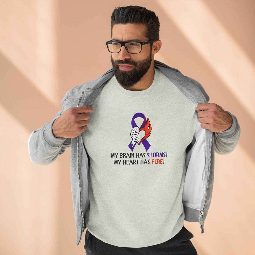 Epilepsy Awareness “Brain Storms & Heart Fire” Unisex Sweatshirt - Clothing, Unisex, Sweatshirts - EpiAl's Shop