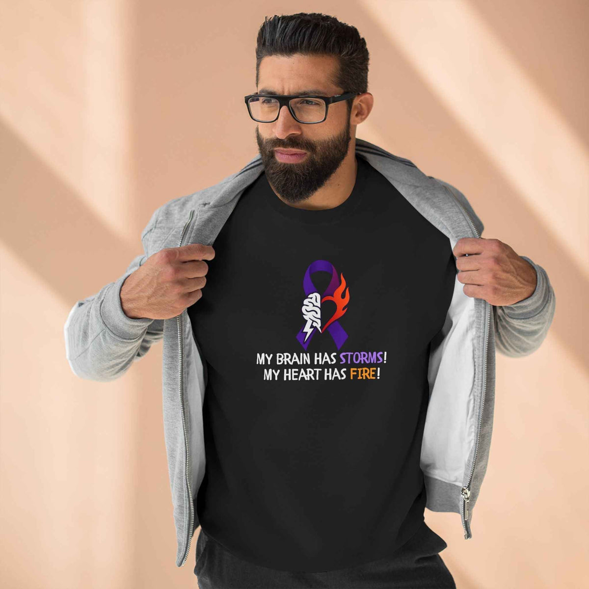 Epilepsy Awareness “Brain Storms & Heart Fire” Unisex Sweatshirt - Clothing, Unisex, Sweatshirts - EpiAl's Shop