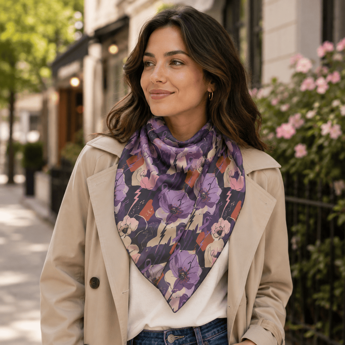 Epilepsy Awareness Floral Scarf | Purple Ribbon Square Scarf - Clothing, Women, Scarves - EpiAl's Shop