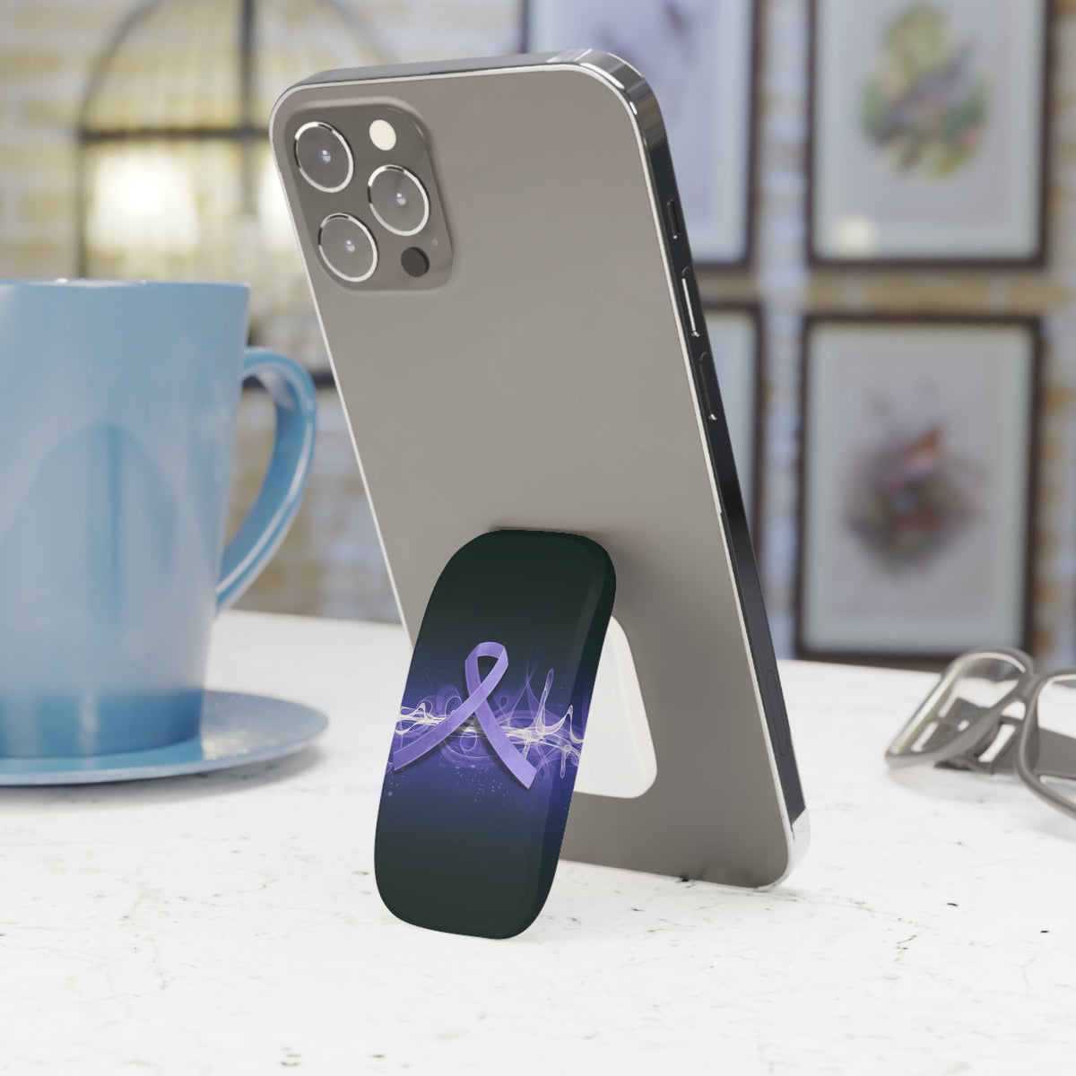 Epilepsy Awareness Phone Stand – Purple Ribbon Brain Wave Design - Stands, Phone - EpiAl's Shop