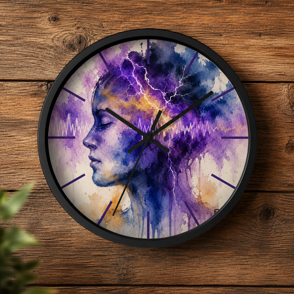 round black clock with black hands and epilepsy watercolor painting