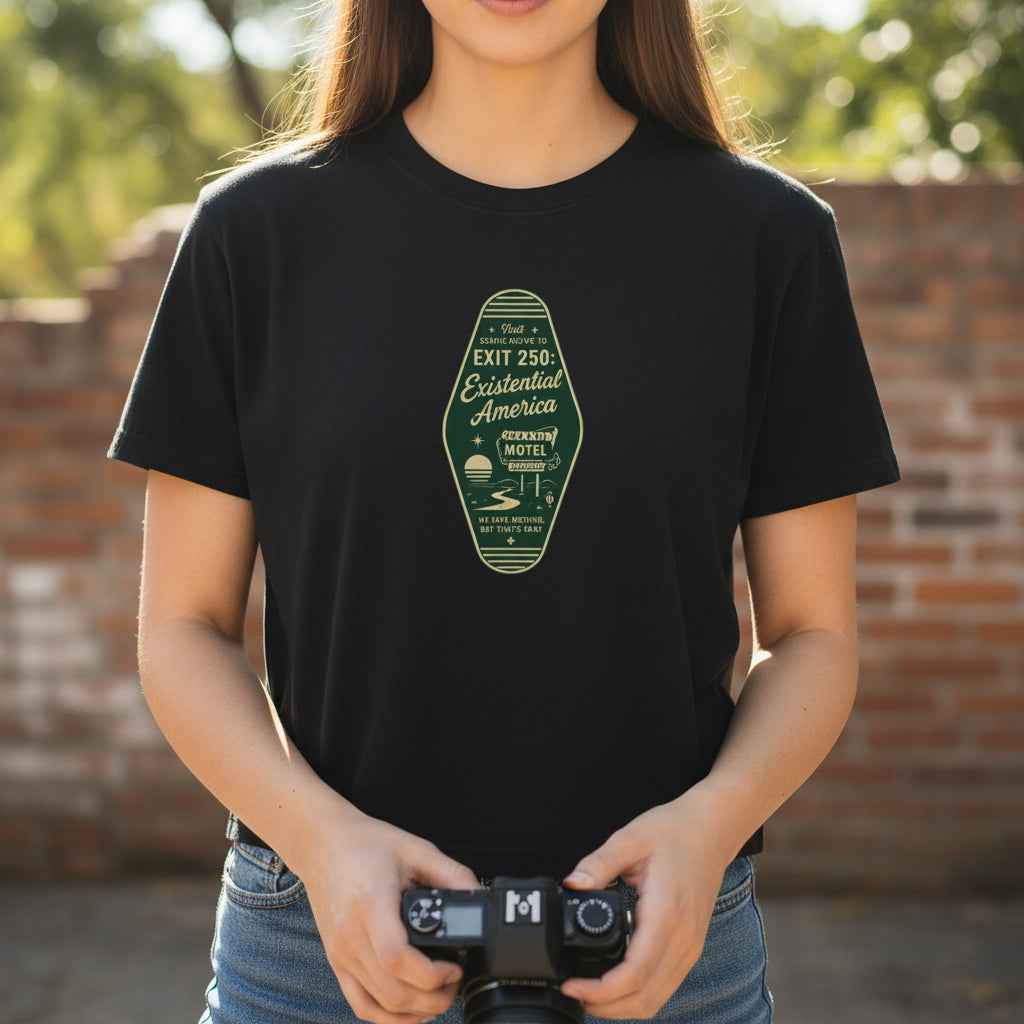 Exit 250 Existential America Cropped T-Shirt | Vintage Motel Graphic Tee - Clothing, Women, T-Shirts, Cropped - EpiAl's Shop