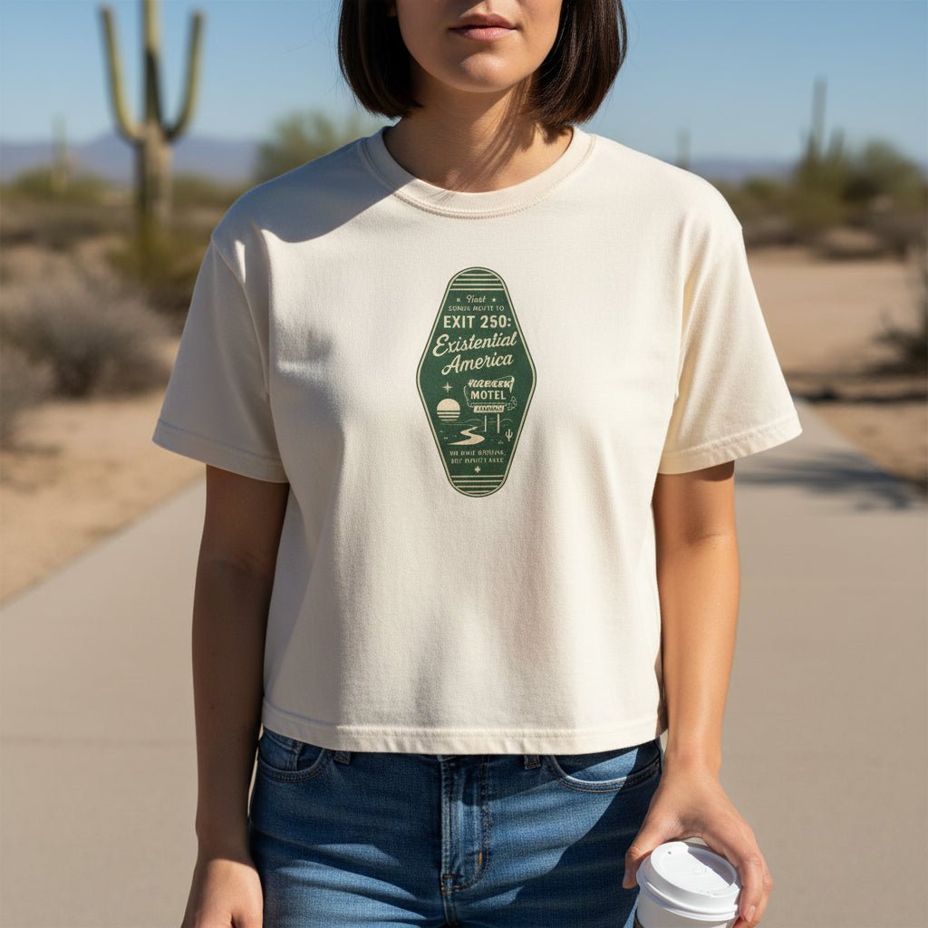 Exit 250 Existential America Cropped T-Shirt | Vintage Motel Graphic Tee - Clothing, Women, T-Shirts, Cropped - EpiAl's Shop