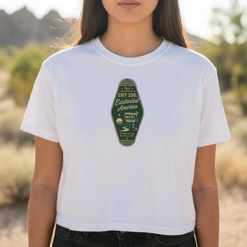Exit 250 Existential America Cropped T-Shirt | Vintage Motel Graphic Tee - Clothing, Women, T-Shirts, Cropped - EpiAl's Shop